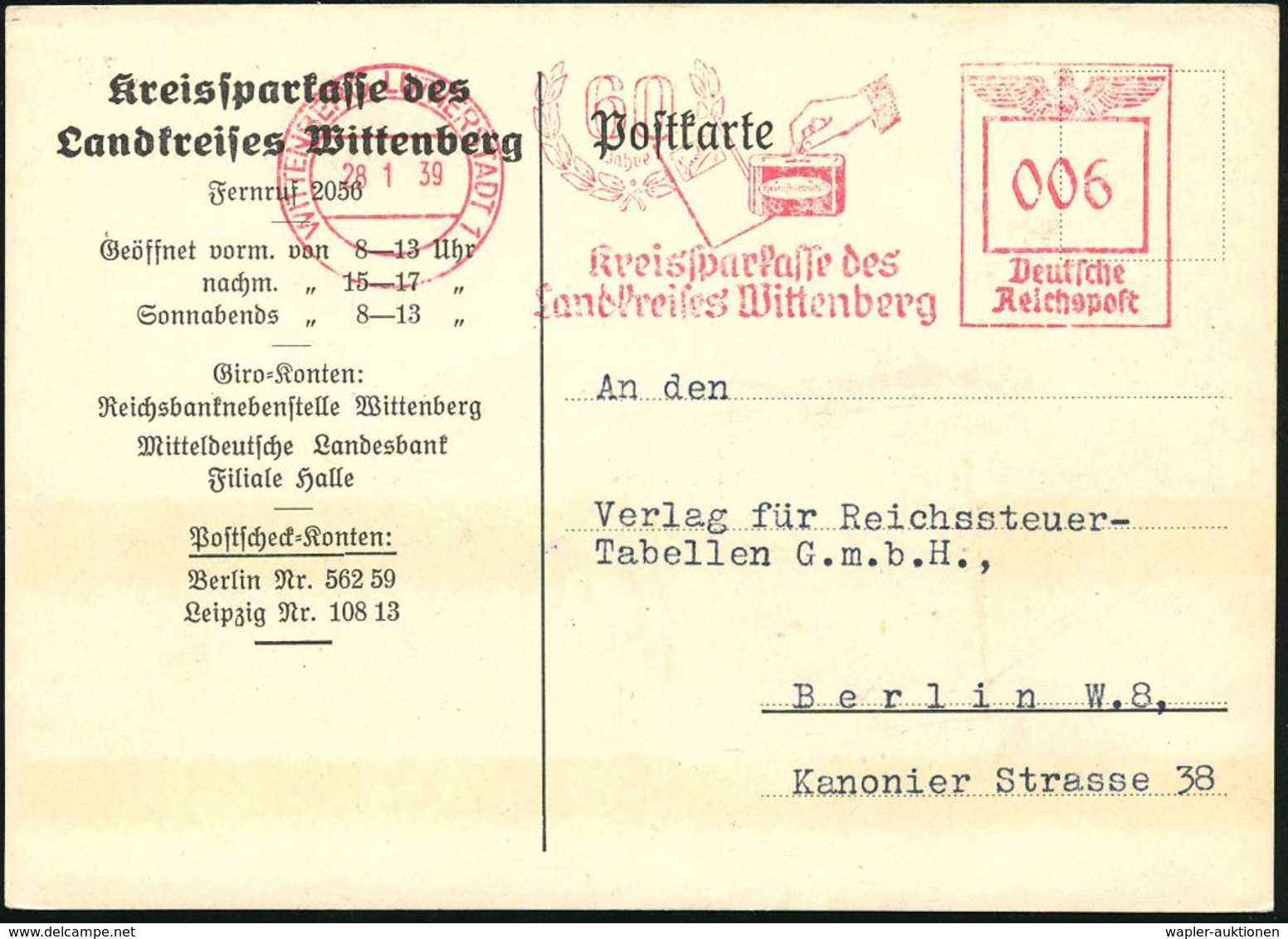 NUMISPHILATELIE / GELDSCHEINE / MÜNZEN : WITTENBERG LUTHERSTADT/ 60 Jahre/ Kreissparkasse Der/ Landkreises.. 1939 (28.1. - Non Classés