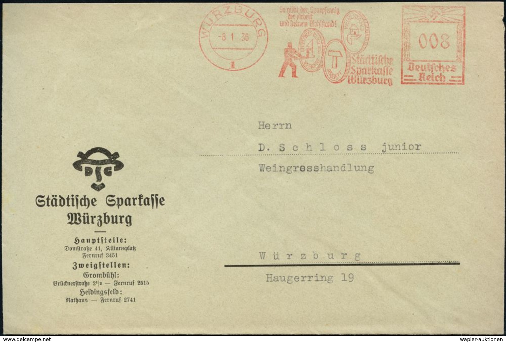 NUMISPHILATELIE / GELDSCHEINE / MÜNZEN : WÜRZBURG/ 1/ So Nützt Der/ Sparpfennig../ Städt./ Sparkasse 1936 (8.1.) AFS = F - Ohne Zuordnung