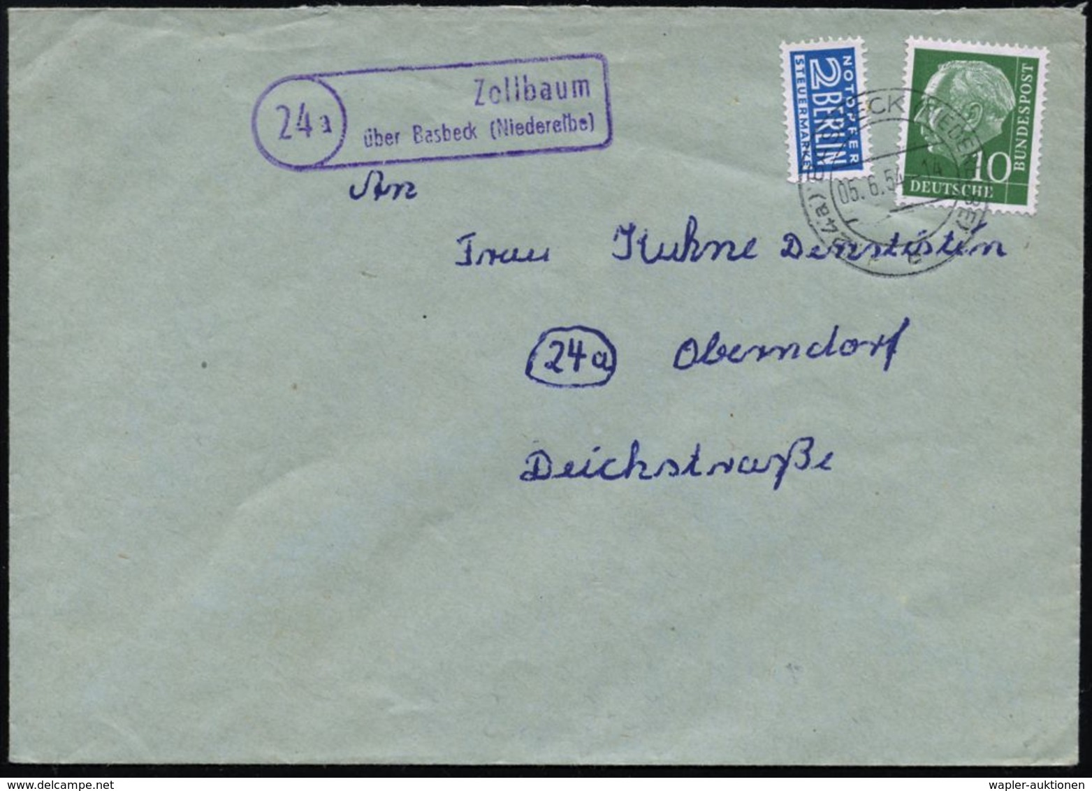 ZOLL / FISKUS / FINANZSYSTEME : (24a) Z O L L B A U M /  überBasbeck (Niederelbe) 1954 (5.6.) Viol. Ra.2 = PSt.II + 2K:  - Non Classés