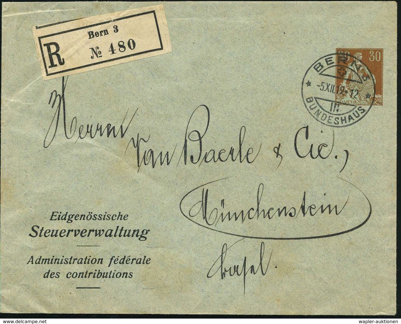 ZOLL / FISKUS / FINANZSYSTEME : SCHWEIZ 1919 (5.12.) PU 30 C. Sitzende Helvetia, Braun/grün: Eidgen. Steuerverwaltung (B - Non Classés