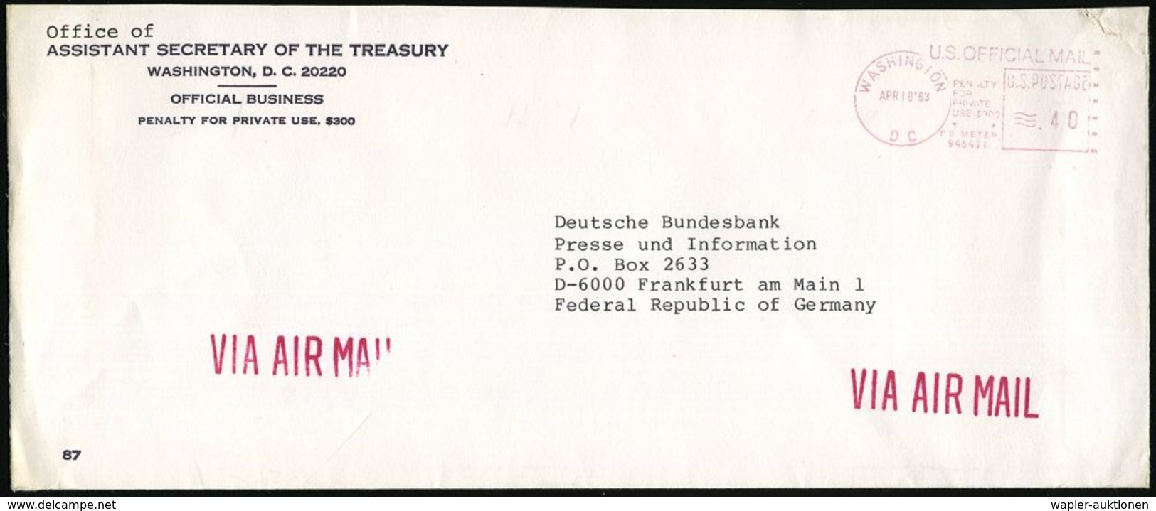 ZOLL / FISKUS / FINANZSYSTEME : U.S.A. 1983 (18.4.) AFS.: WASHINGTON/D C/U.S. OFFICIAL MAIL (40 C.) Dienst-Bf.: ASSISTAN - Non Classés