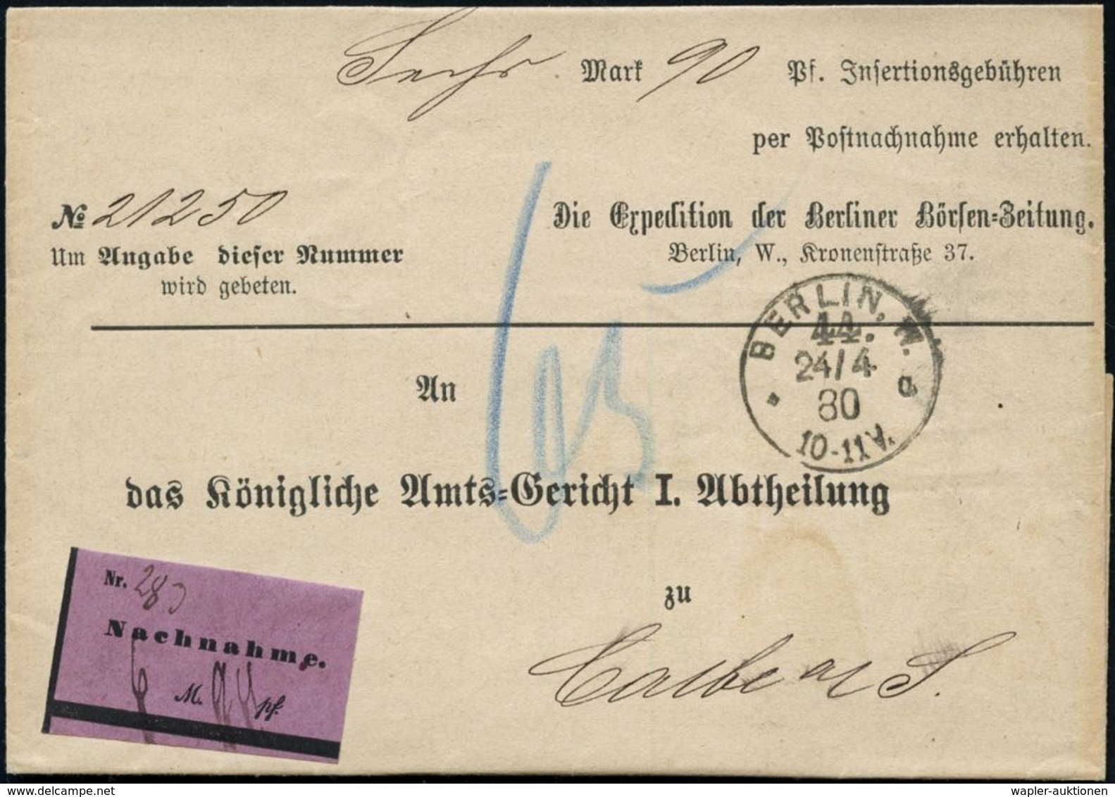 DEVISEN / BÖRSE / WERTPAPIERE : BERLIN.W./ 44./ *a 1880 (24.4.) 1K Klar Auf Falt-Dienst-Bf: Die Expedition Der Berliner  - Unclassified