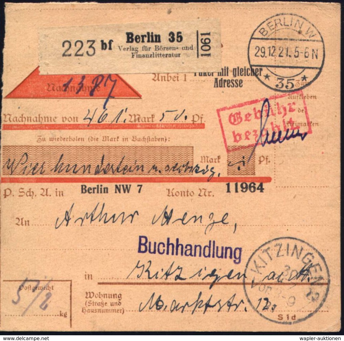 DEVISEN / BÖRSE / WERTPAPIERE : BERLIN W/ *35* 1921 (29.12.) 1K-Brücke + Selbstbucher-Paket-Zettel: Berlin 35/bf/ Verlag - Unclassified