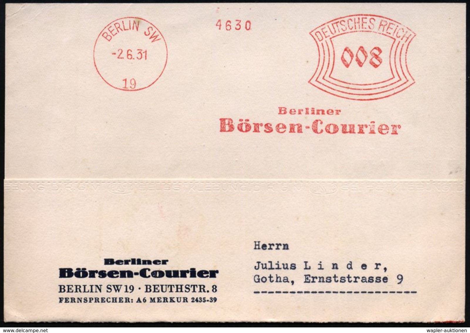 DEVISEN / BÖRSE / WERTPAPIERE : BERLIN SW/ 19/ Berliner/ Börsen-Courier 1931 (2.6.) AFS 008 Pf. Klar Auf Firmen-Kt. (Dü. - Ohne Zuordnung