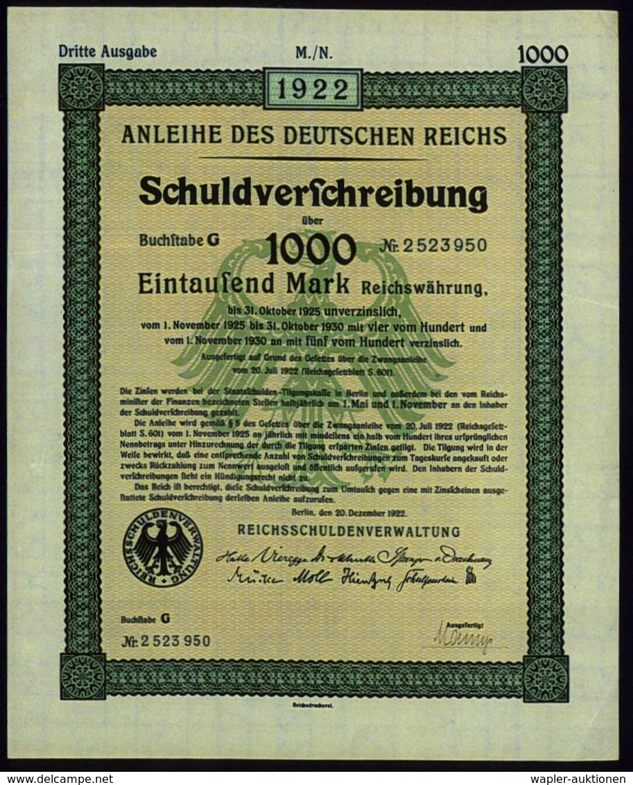 DEVISEN / BÖRSE / WERTPAPIERE : DEUTSCHES REICH 1922 (20.12.) Orig. Reichs-Anleihe "Schuldverschreibung 1000 Mark" (Form - Non Classés