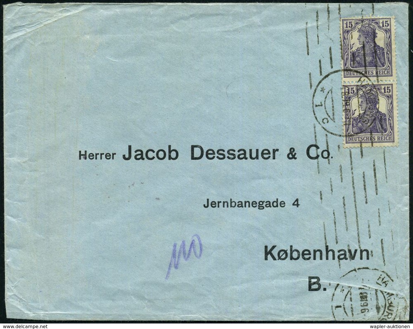 DEVISEN-ZENSUR : HAMBURG/ *1c 1919 (4.8.) Ba.MsAt Auf Paar 15 Pf. Germania, Schw.-viol. + Rs. Aptierter Zensurzettel: Un - Ohne Zuordnung