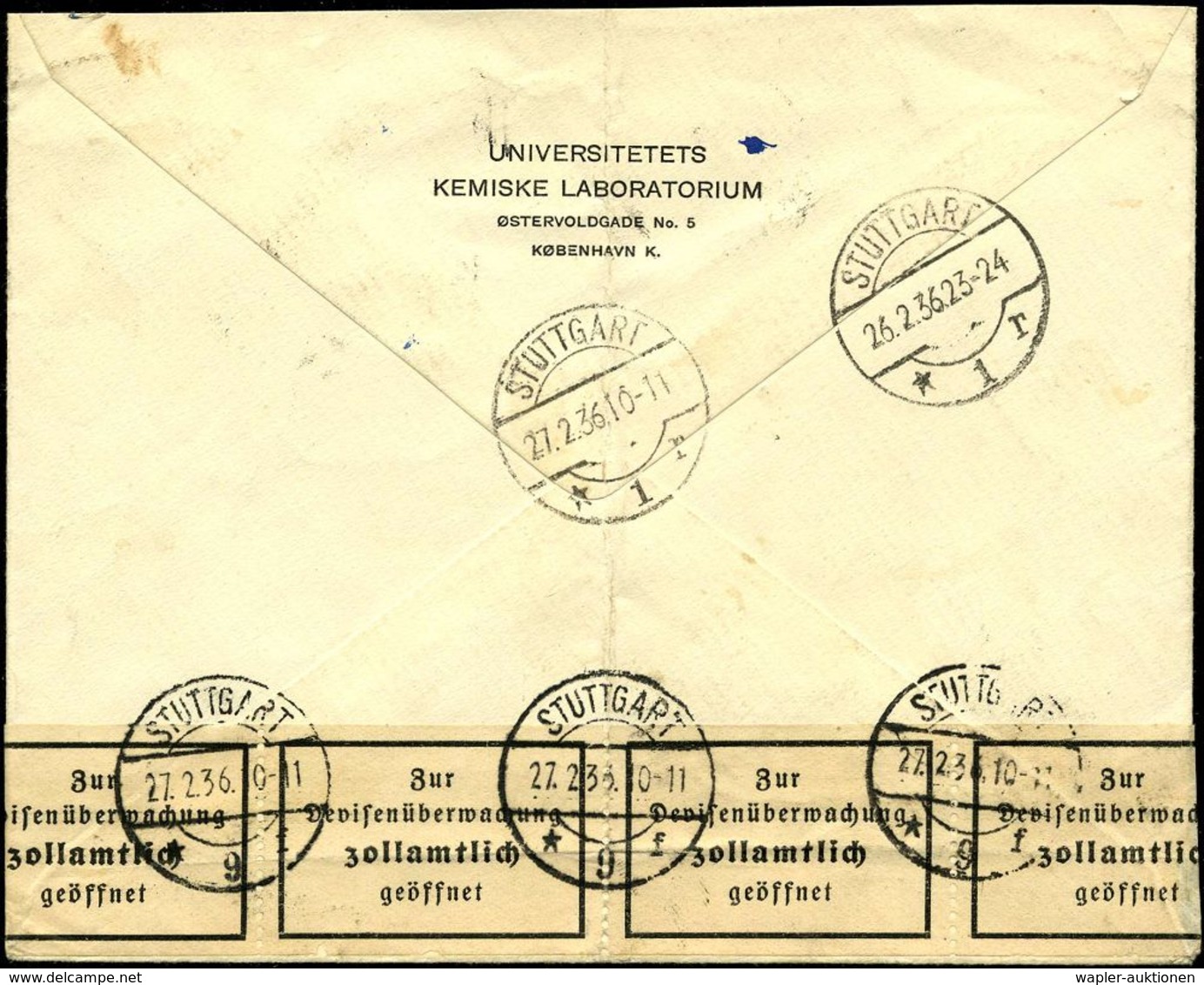 DEVISEN-ZENSUR : STUTTGART/ *9f 1936 (27.2.) 1K-Brücke Rs. 3x Auf Devisen-Zensurstreifen (vierzeilig) Dänemark-Frankatur - Unclassified