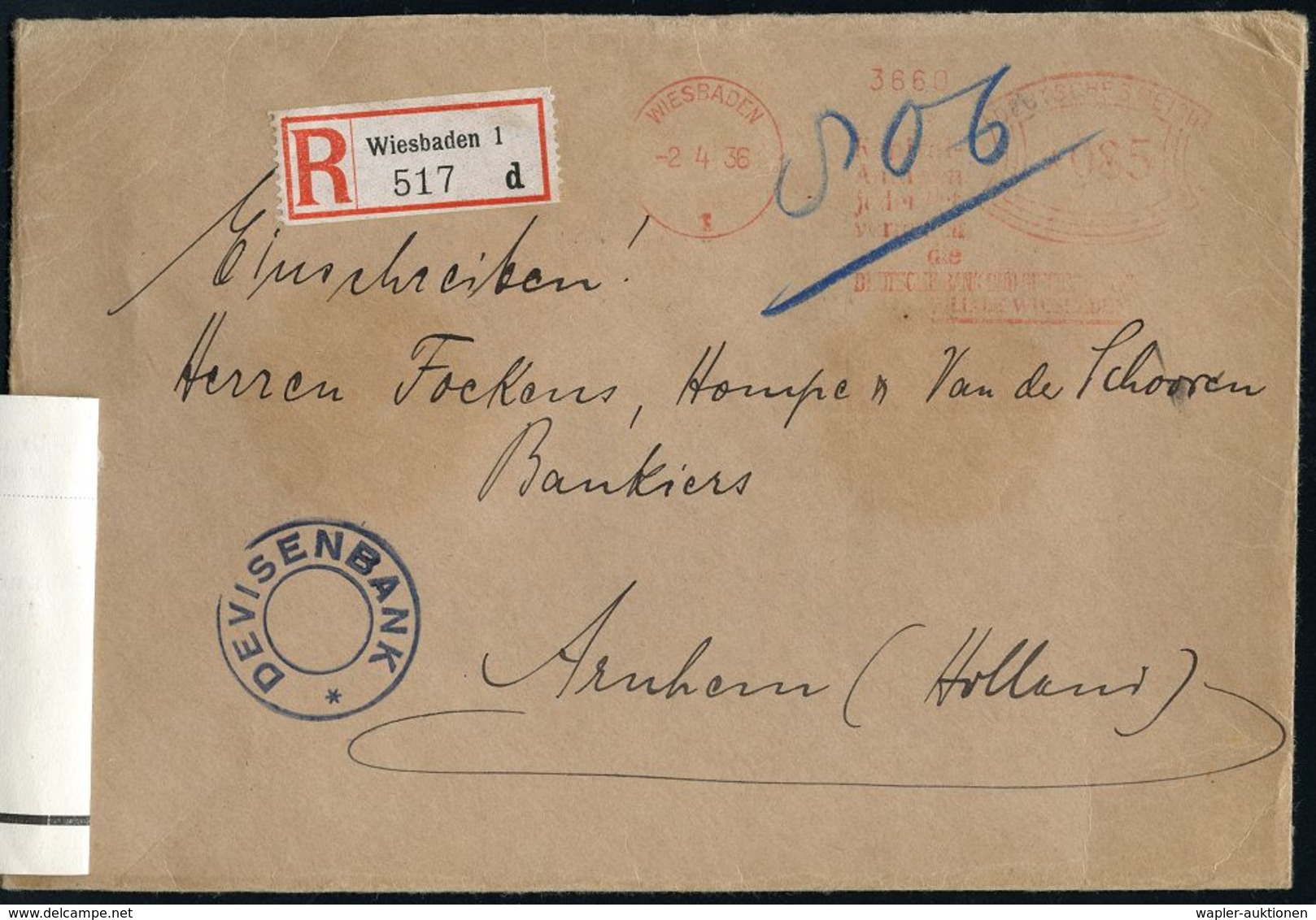 DEVISEN-ZENSUR : WIESBADEN/ 1/ ..DEUTSCHE BANK U.DISCONTO-GES. 1936 (2.4.) AFS 085 Pf. (Text Teils Etw. Undeutl.) + RZ:  - Ohne Zuordnung