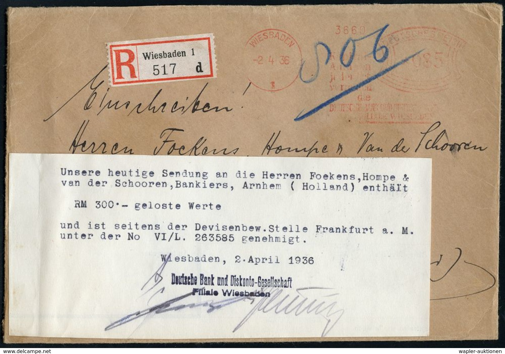 DEVISEN-ZENSUR : WIESBADEN/ 1/ ..DEUTSCHE BANK U.DISCONTO-GES. 1936 (2.4.) AFS 085 Pf. (Text Teils Etw. Undeutl.) + RZ:  - Ohne Zuordnung