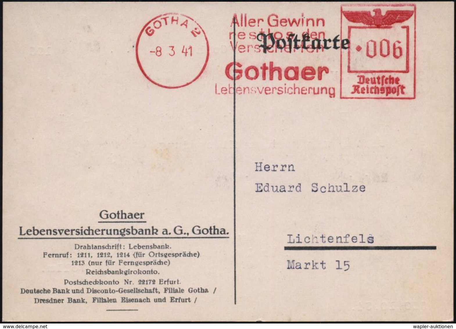 VERSICHERUNGEN : GOTHA 2/ Aller Gewinn/ Restlos Den/ Versicherten/ Gothaer/ Lebensversicherung 1941 (8.3.) AFS Klar Auf  - Non Classés