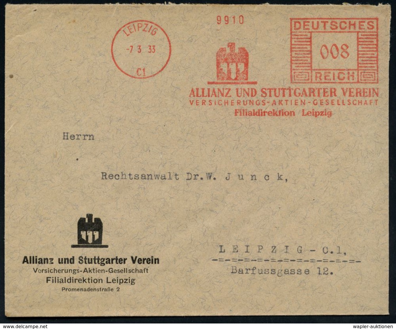 VERSICHERUNGEN : LEIPZIG/ C 1/ ALLIANZ U. STUTTGARTER VEREIN/ VERSICHERUNGS AG.. 1930 (25.10.) AFS "Mäanderrechteck" (Al - Non Classés