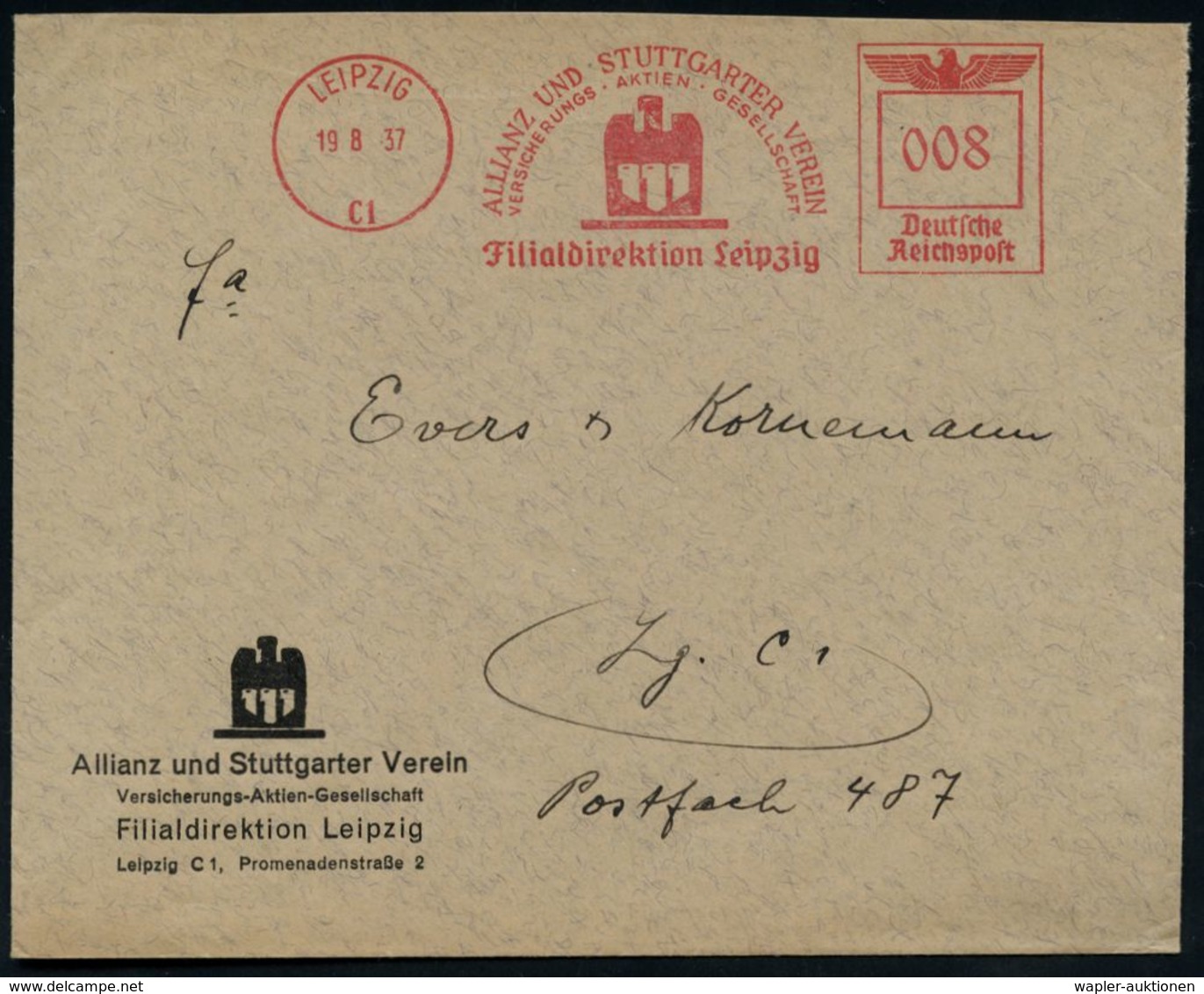 VERSICHERUNGEN : LEIPZIG/ C 1/ ALLIANZ UND STUTTGARTER VEREIN/ VERSICHERUNGS-AG... 1937 (19.8.) AFS "Reichsadler" (Allia - Non Classés