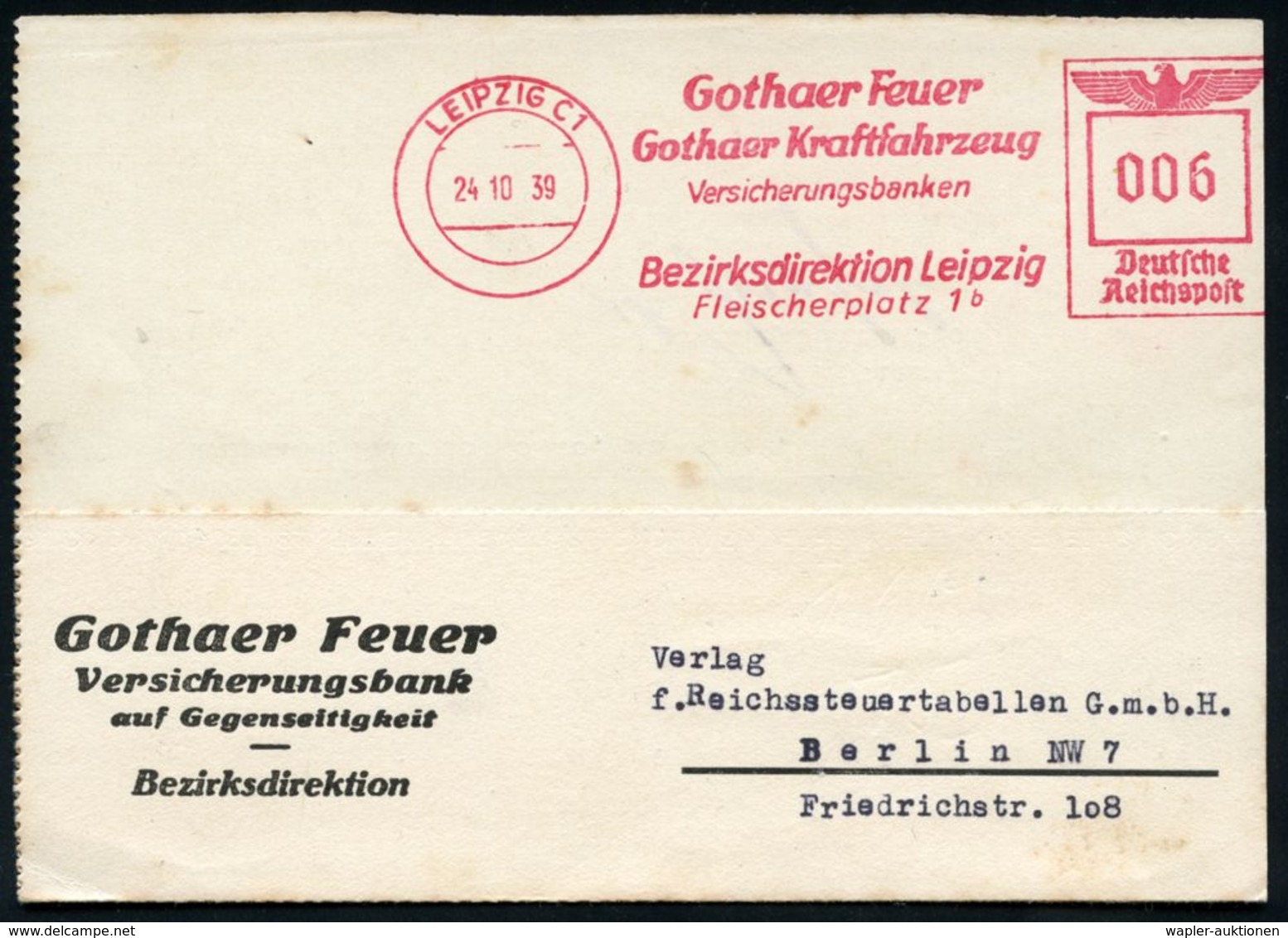 VERSICHERUNGEN : LEIPZIG C1/ Gothaer Feuer/ Gothaer Kraftfahrzeug/ Versicherungsbanken.. 1939 (24.10.) AFS Auf Inl.-Firm - Ohne Zuordnung