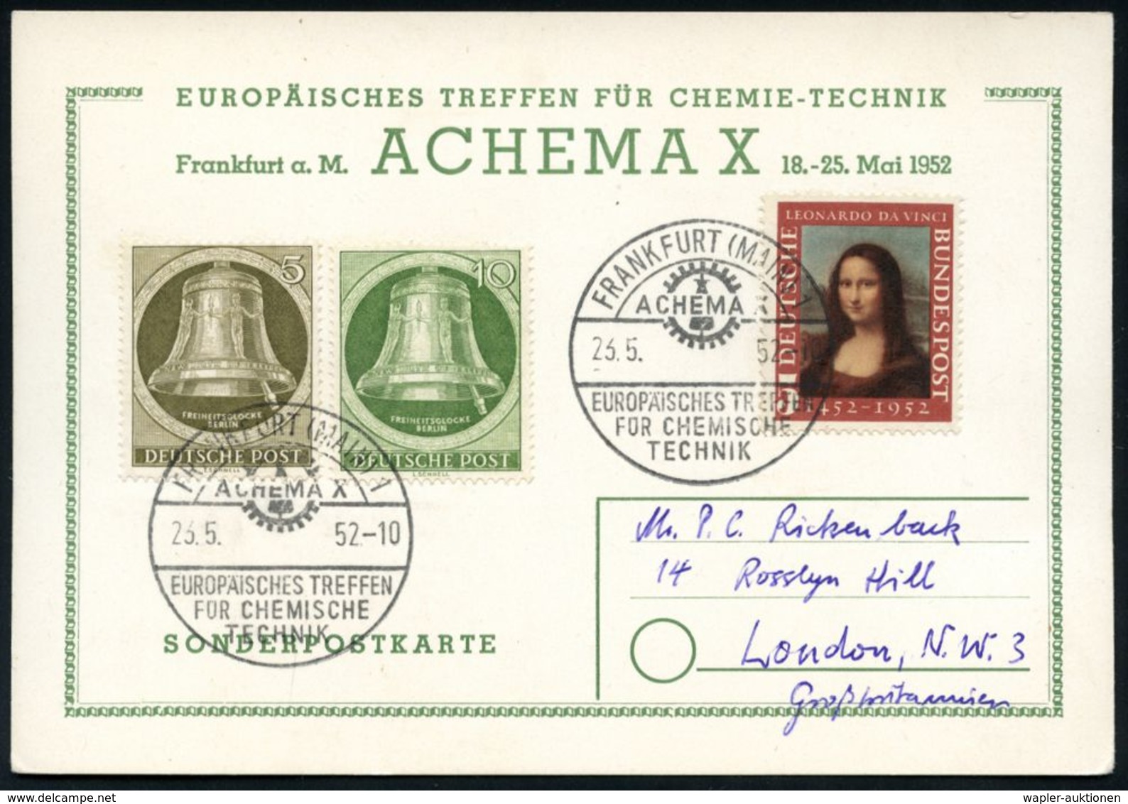 CHEMIE-INSTITUTIONEN, -VERBÄNDE & KONGRESSE : FRANKFURT (MAIN)1/ ACHEMA X/ EUROP.TREFFEN/ FÜR CHEMIE/ TECHNIK 1952 (21.5 - Chemistry