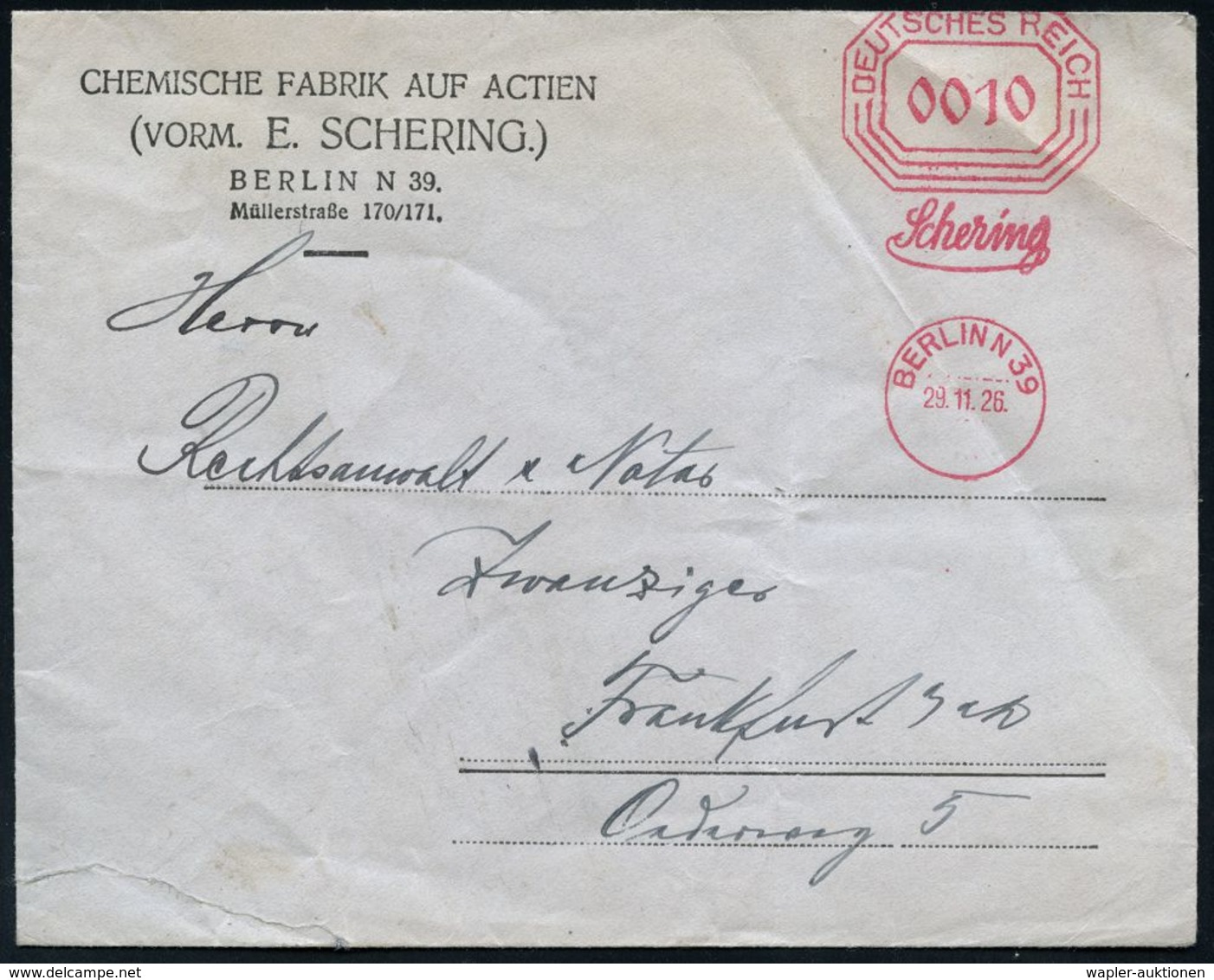 CHEMIE / PRODUKTE / CHEMISCHE INDUSTRIE : BERLIN N 39/ Schering 1926 (29.11.) AFS-Vorläufer "Bafra" , Achteck Vertikal 0 - Chemistry