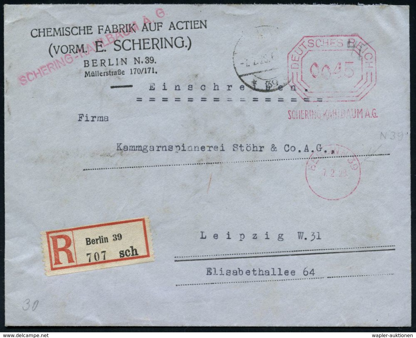 CHEMIE / PRODUKTE / CHEMISCHE INDUSTRIE : BERLIN N 39/ SCHERING-KAHLBAUM 1926 (5.5.) Seltener AFS-Vorläufer Typ "Bafra"  - Chimica