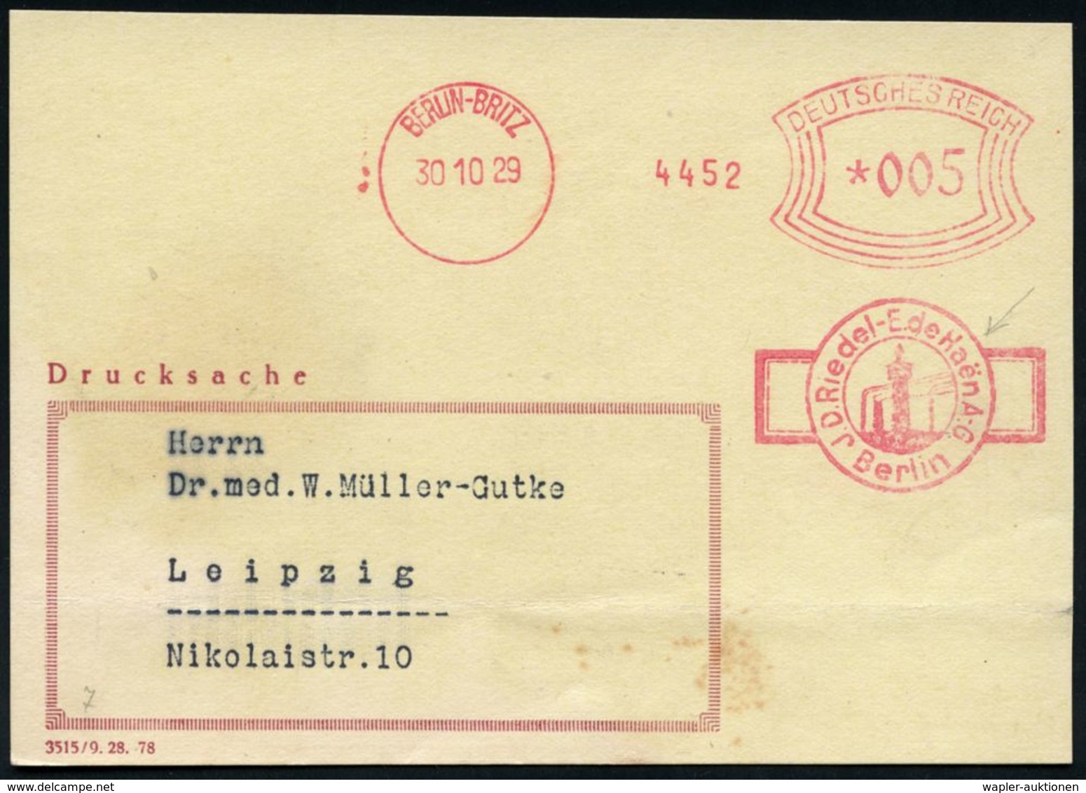 CHEMIE / PRODUKTE / CHEMISCHE INDUSTRIE : BERLIN-/ BRITZ/ J.D.Riedel-E.de Haen AG. 1929 (30.10.) AFS = Firmenlogo: Turm  - Chimie