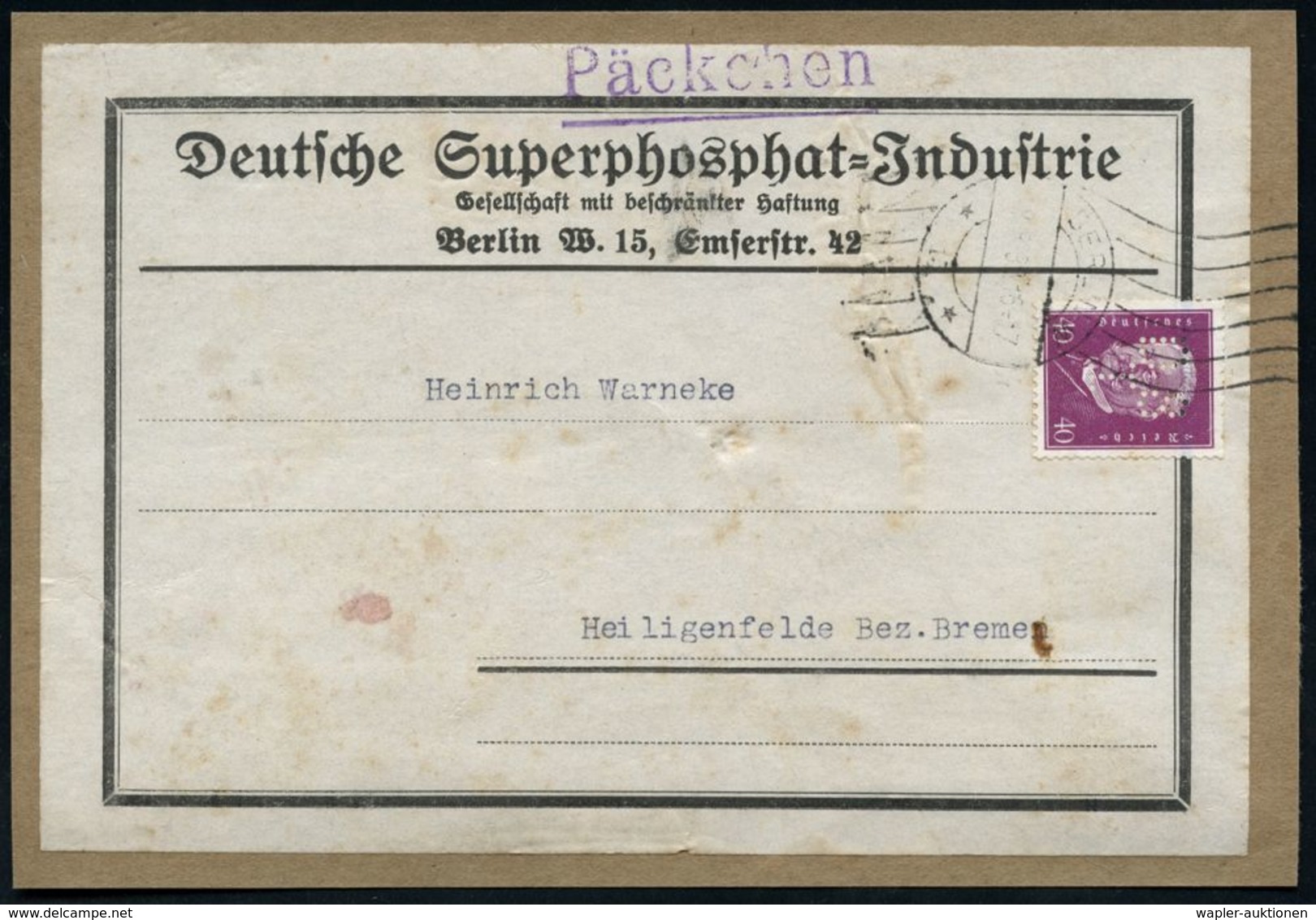 CHEMIE / PRODUKTE / CHEMISCHE INDUSTRIE : BERLIN W/ *15* 1932 Päckchen-RoWellenSt Auf EF 40 Pf. Hindenbg. Mit Firmenloch - Chimie