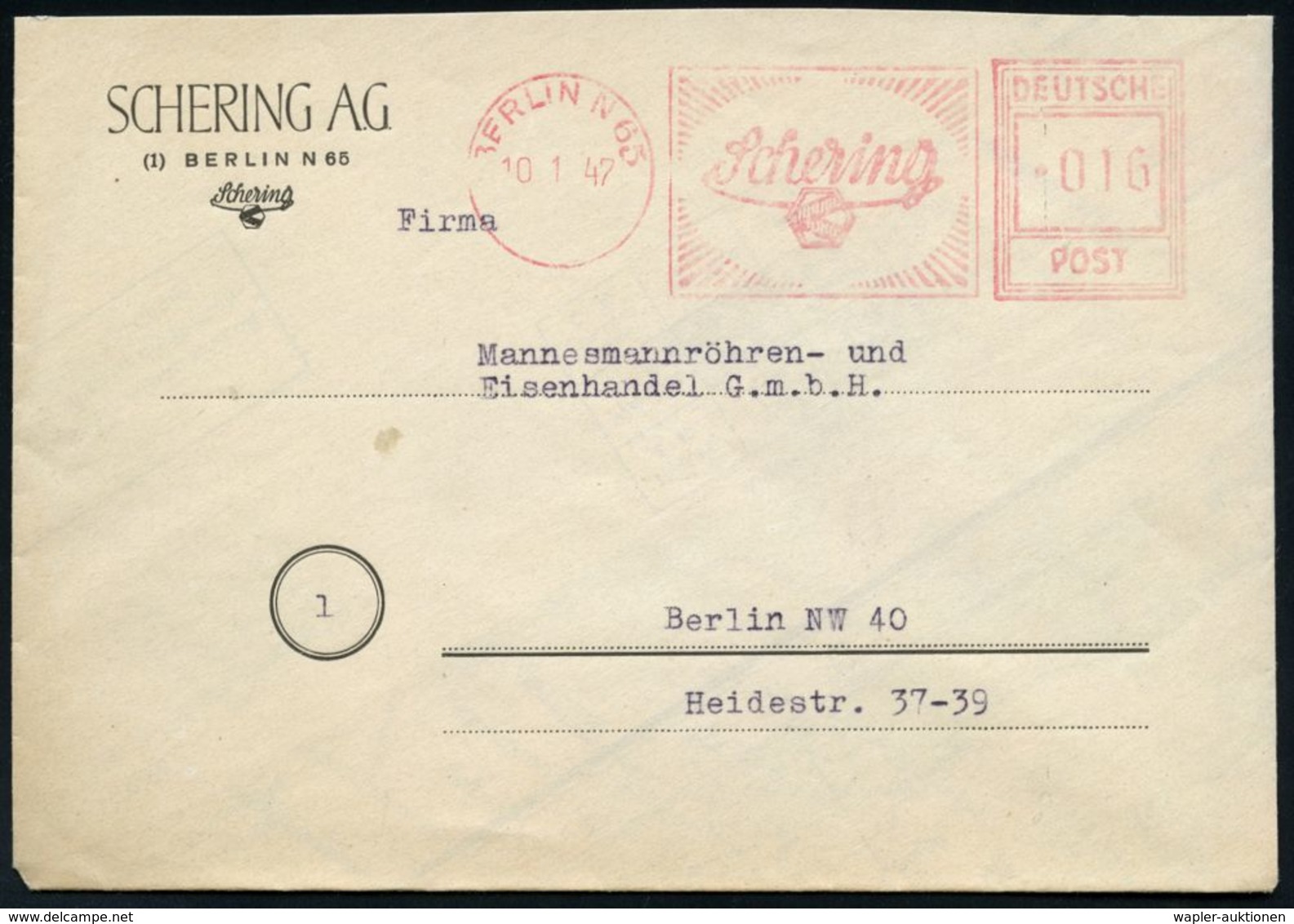 CHEMIE / PRODUKTE / CHEMISCHE INDUSTRIE : BERLIN N 65/ Schering 1947 (10.1.) Seltener AFS-Typ "Hochrechteck"  016 Pf. (F - Chemistry