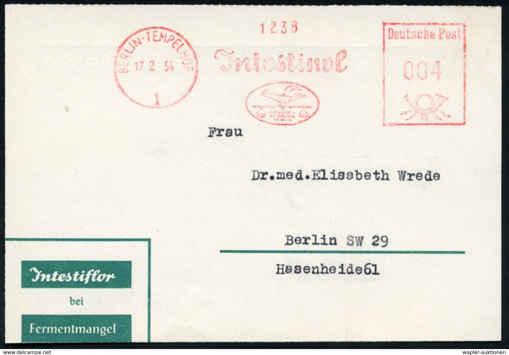 CHEMIE / PRODUKTE / CHEMISCHE INDUSTRIE : BERLIN-TEMPELHOF/ 1/ Jntestinol/ DR.GEORG/ HENNING.. 1954 (17.2.) AFS (Firmenl - Chimie