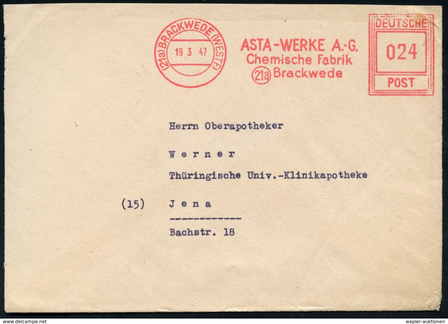 CHEMIE / PRODUKTE / CHEMISCHE INDUSTRIE : (21a) BRACKWEDE (WESTF)/ ASTA-WERKE AG.. 1946 (19.3.) AFS "Hochrechteck" , Rs. - Chemie