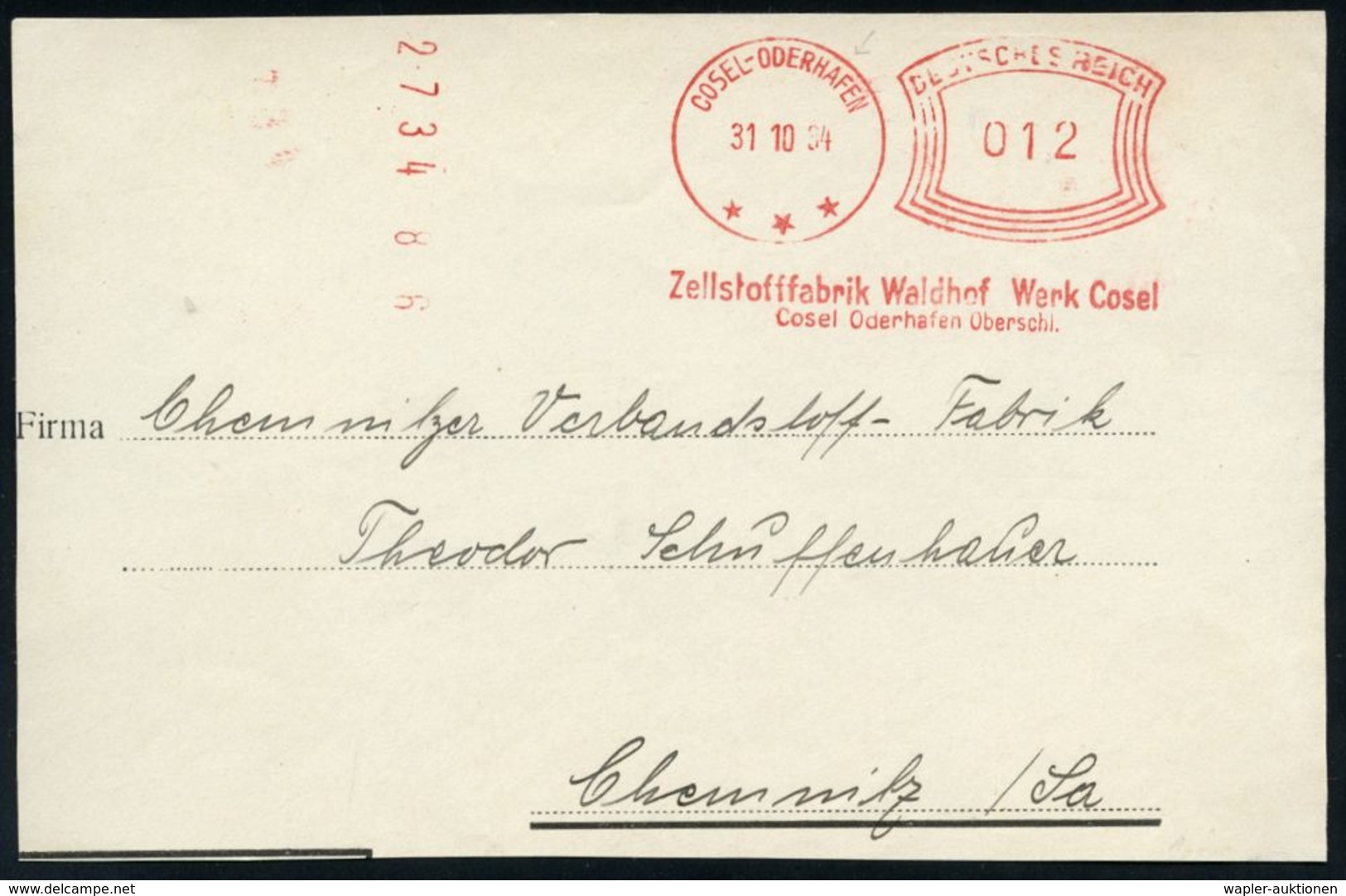 CHEMIE / PRODUKTE / CHEMISCHE INDUSTRIE : COSEL-ODERHAFEN/ ***/ Zellstofffabrik Waldhof Werk Cosel.. 1934 (31.10.) Selte - Chemie