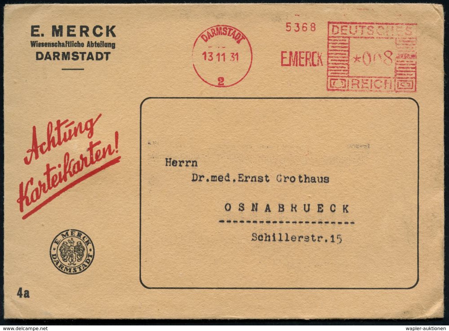 CHEMIE / PRODUKTE / CHEMISCHE INDUSTRIE : DARMSTADT/ 2/ E.MERCK 1931 (13.11.) AFS 008 Pf. Auf Dekorativem, Zweifarbigem  - Chimie