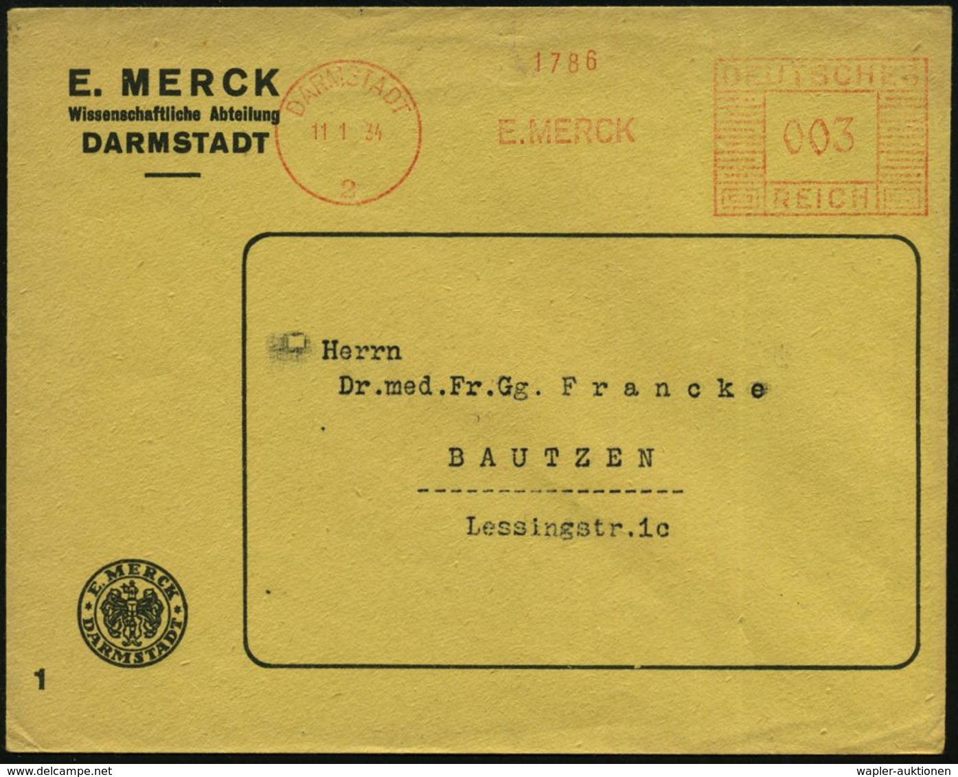 CHEMIE / PRODUKTE / CHEMISCHE INDUSTRIE : DARMSTADT/ 2/ E.MERCK 1934 (11.1.) AFS Auf Firmen-Bf.: E. MERCK Mit Firmen-Log - Chemie