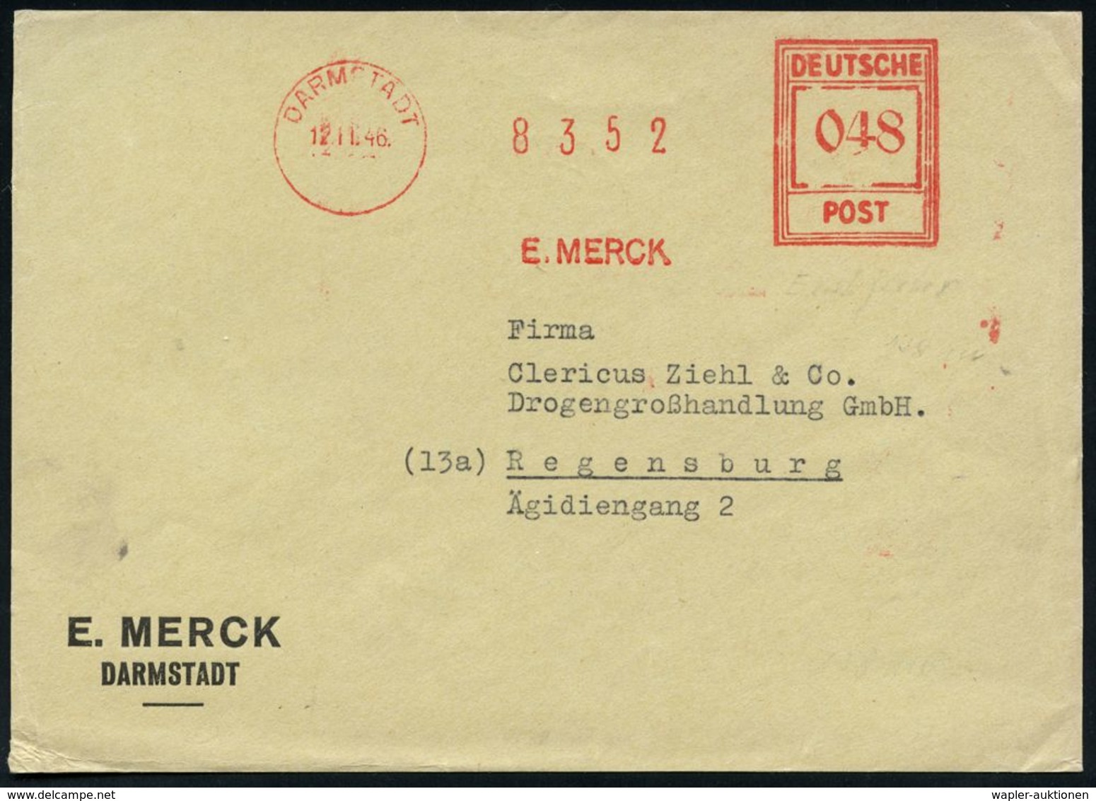 CHEMIE / PRODUKTE / CHEMISCHE INDUSTRIE : DARMSTADT/ E.MERCK 1946 (12.11.) Sehr Seltener AFS-Typ "Hochrechteck" Mit Alte - Chimie