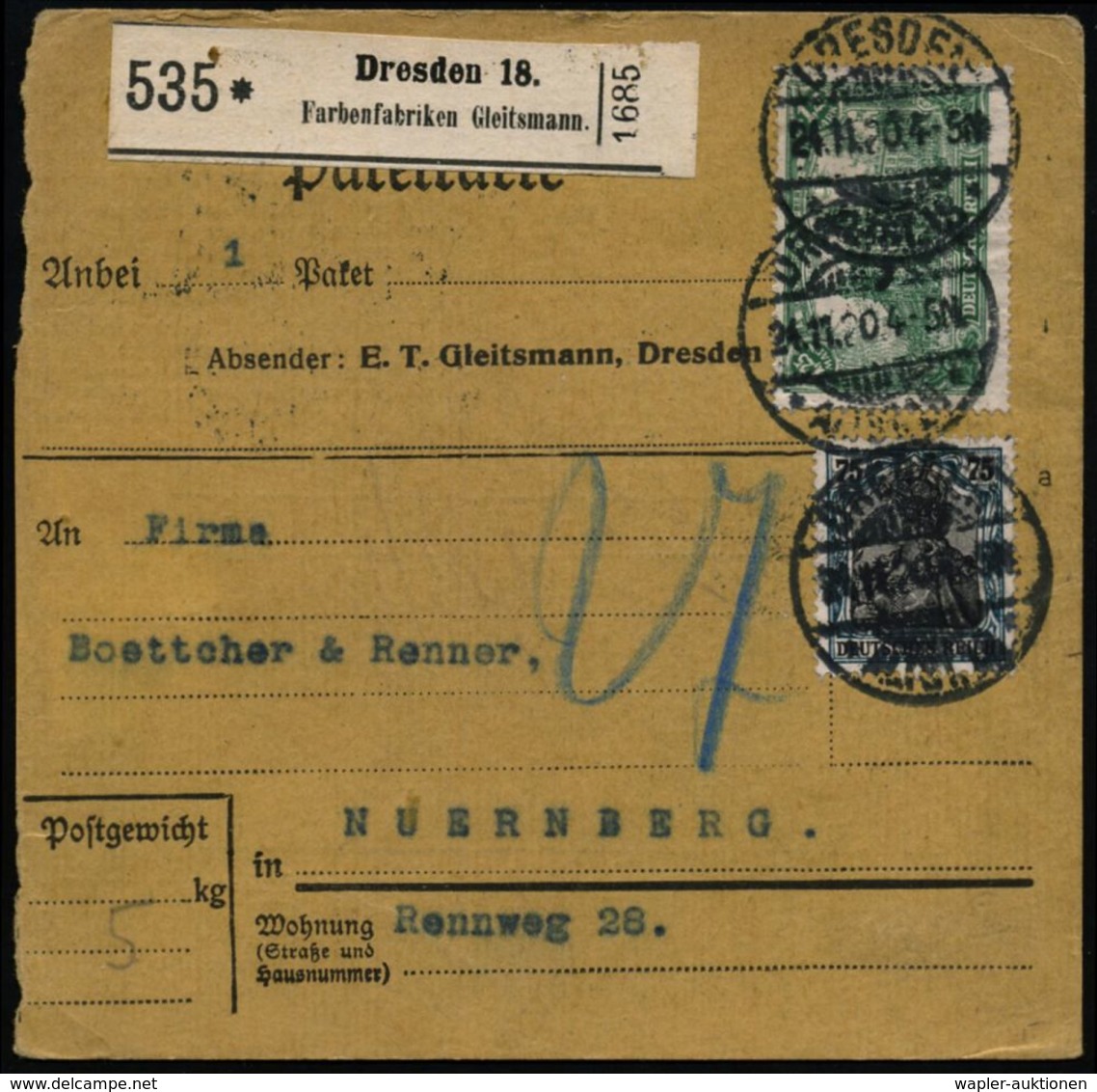 CHEMIE / PRODUKTE / CHEMISCHE INDUSTRIE : DRESDEN-/ *ALTST.18* 1920 (24.11.) 1K-Gitter Auf 75 Pf. Germania U. 1.25 Mk Po - Chimie