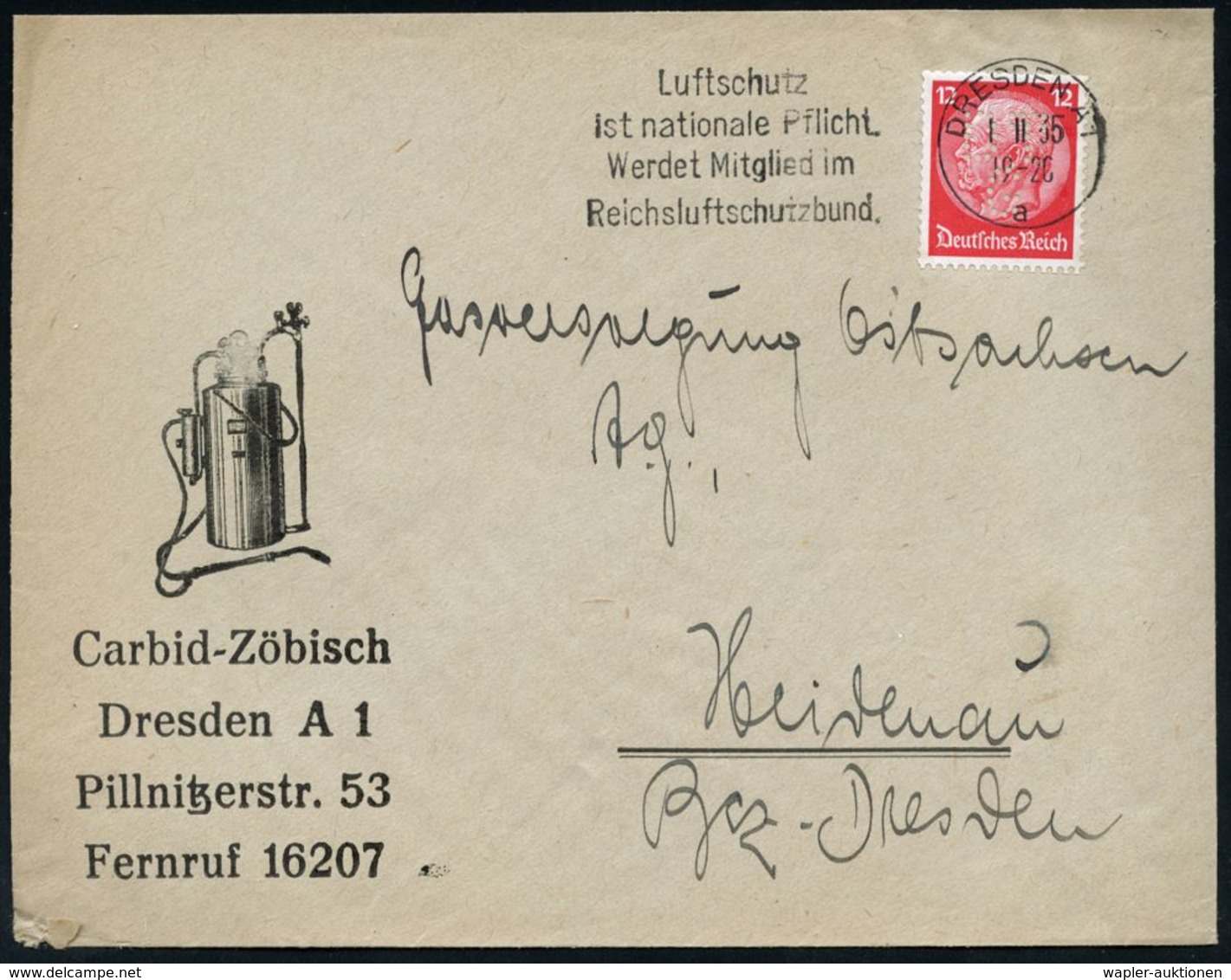 CHEMIE / PRODUKTE / CHEMISCHE INDUSTRIE : Dresden A 1 1935 (1.11.) 12 Pf. Hindenbg. Rot Mit Firmenlochung "D T / G" Auf  - Chemie