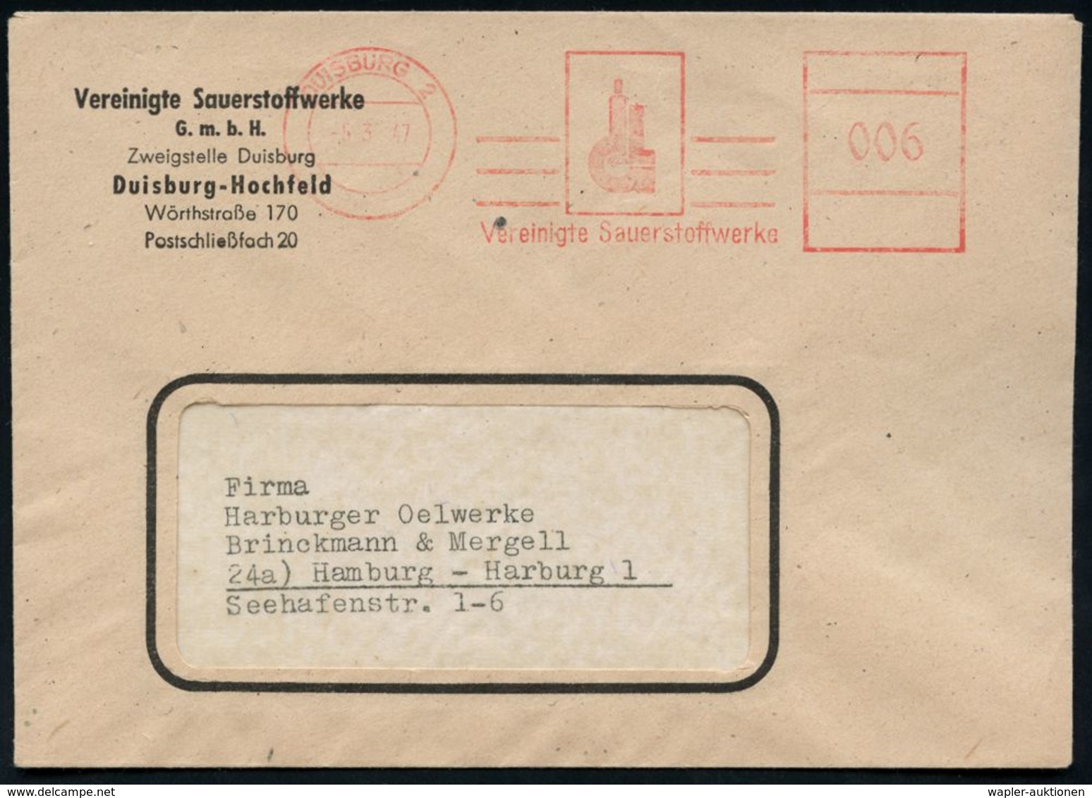 CHEMIE / PRODUKTE / CHEMISCHE INDUSTRIE : DUISBURG 2/ Vereinigte Sauerstoffwerk 1947 (5.3.) Seltener, Aptierter AFS = Ha - Chimie