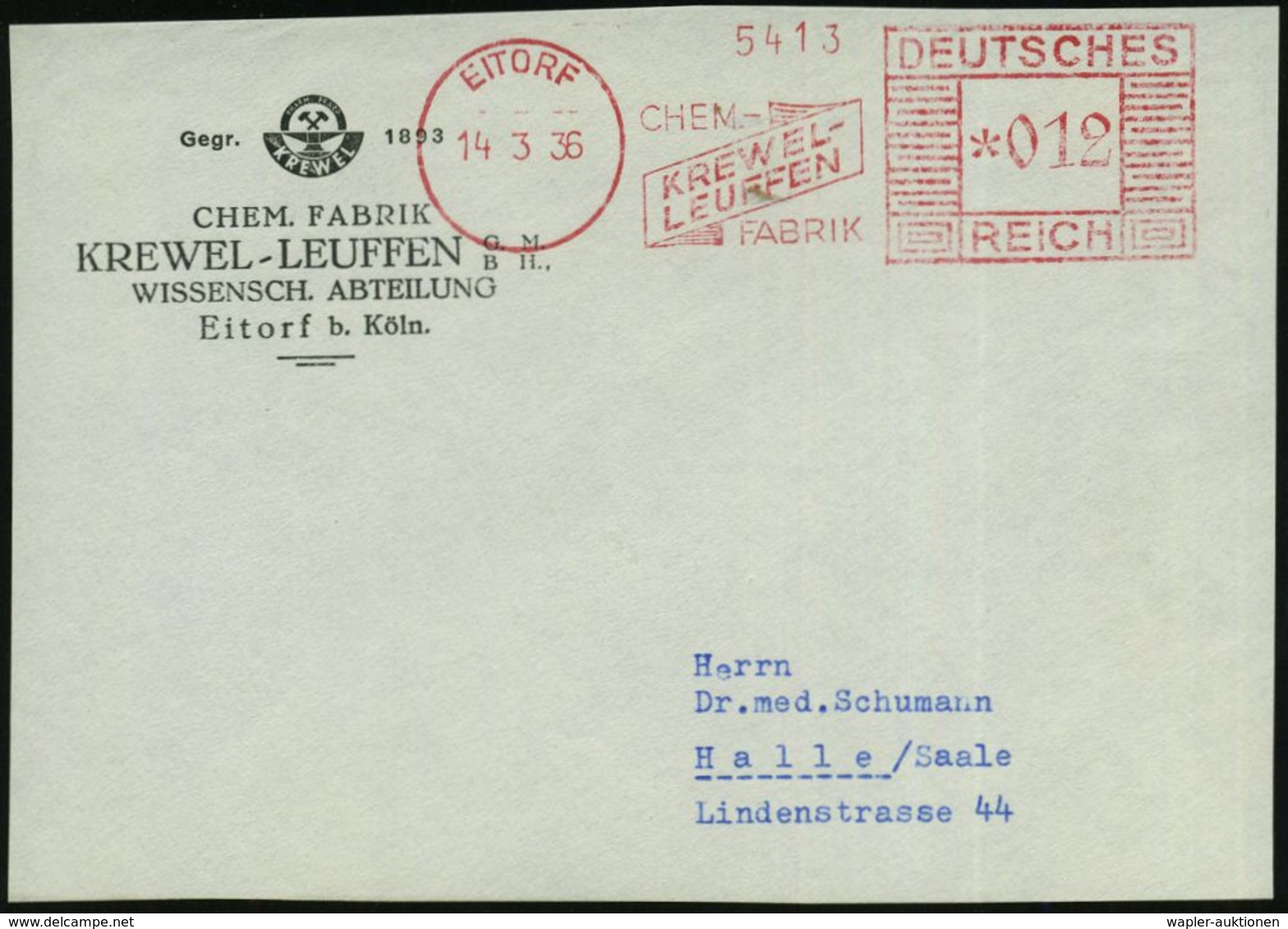 CHEMIE / PRODUKTE / CHEMISCHE INDUSTRIE : EITORF/ CHEM,./ FABRIK/ KREWEL-/ LEUFFEN 1936 (14.3.) AFS Auf  Kleiner Firmen- - Chimica