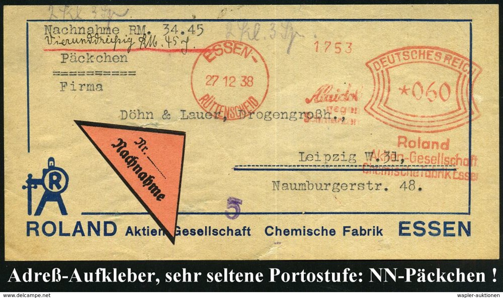 CHEMIE / PRODUKTE / CHEMISCHE INDUSTRIE : ESSEN-/ RÜTTENSCHEID/ Alaidol/ Gegen/ Schmerzen/ Roland AG.. 1938 (27.12.) AFS - Chimica