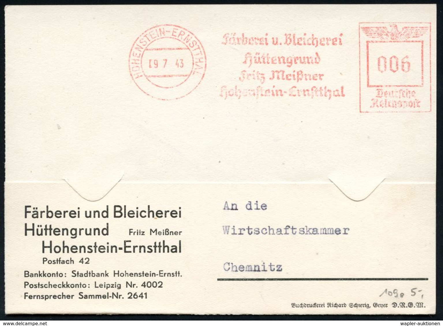 CHEMIE / PRODUKTE / CHEMISCHE INDUSTRIE : HOHENSTEIN-ERNSTTHAL/ Färberei U. Bleicherei/ Hüttengrund/ Fritz Meißner.. 194 - Chimie