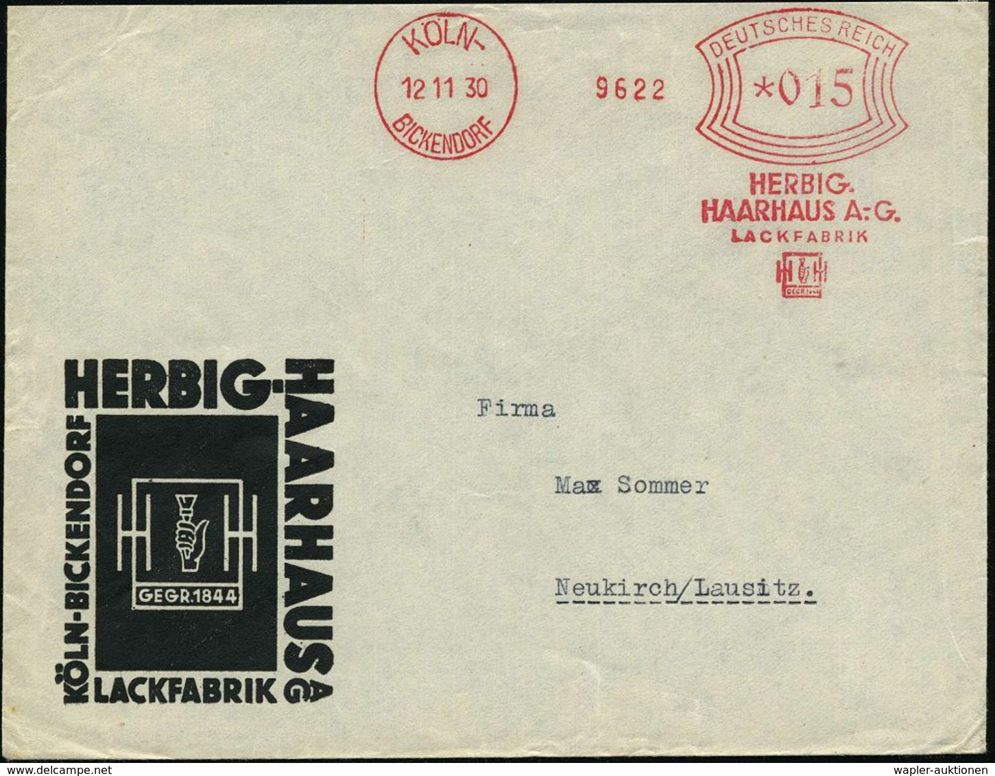 CHEMIE / PRODUKTE / CHEMISCHE INDUSTRIE : KÖLN-/ BICKENDORF/ HERBIG/ HAARHAUS A.-G./ LACKFABRIK 1930 (12.11.) AFS (Logo  - Chimie