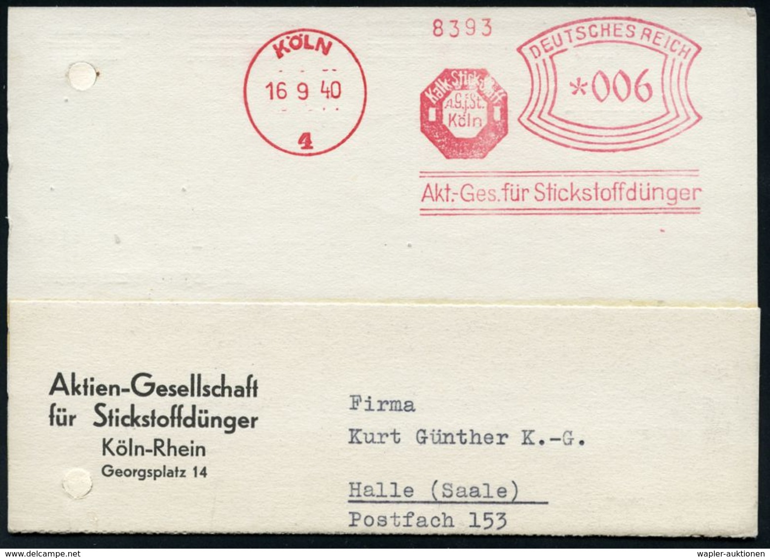 CHEMIE / PRODUKTE / CHEMISCHE INDUSTRIE : KÖLN/ 4/ Kalk-Stickstoff../ Akt.-Ges. Für Stickstoffdünger 1940 (16.9.) AFS (F - Chemistry