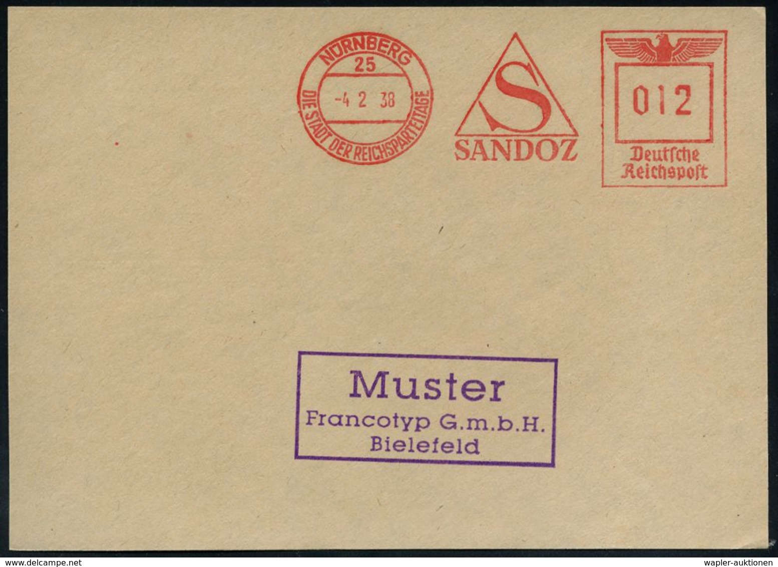 CHEMIE / PRODUKTE / CHEMISCHE INDUSTRIE : NÜRNBERG/ 25/ DSDR/ S/ SANDOZ 1938 (4.2.) AFS, Francoty-Archivmuster (Monogr.- - Chemie