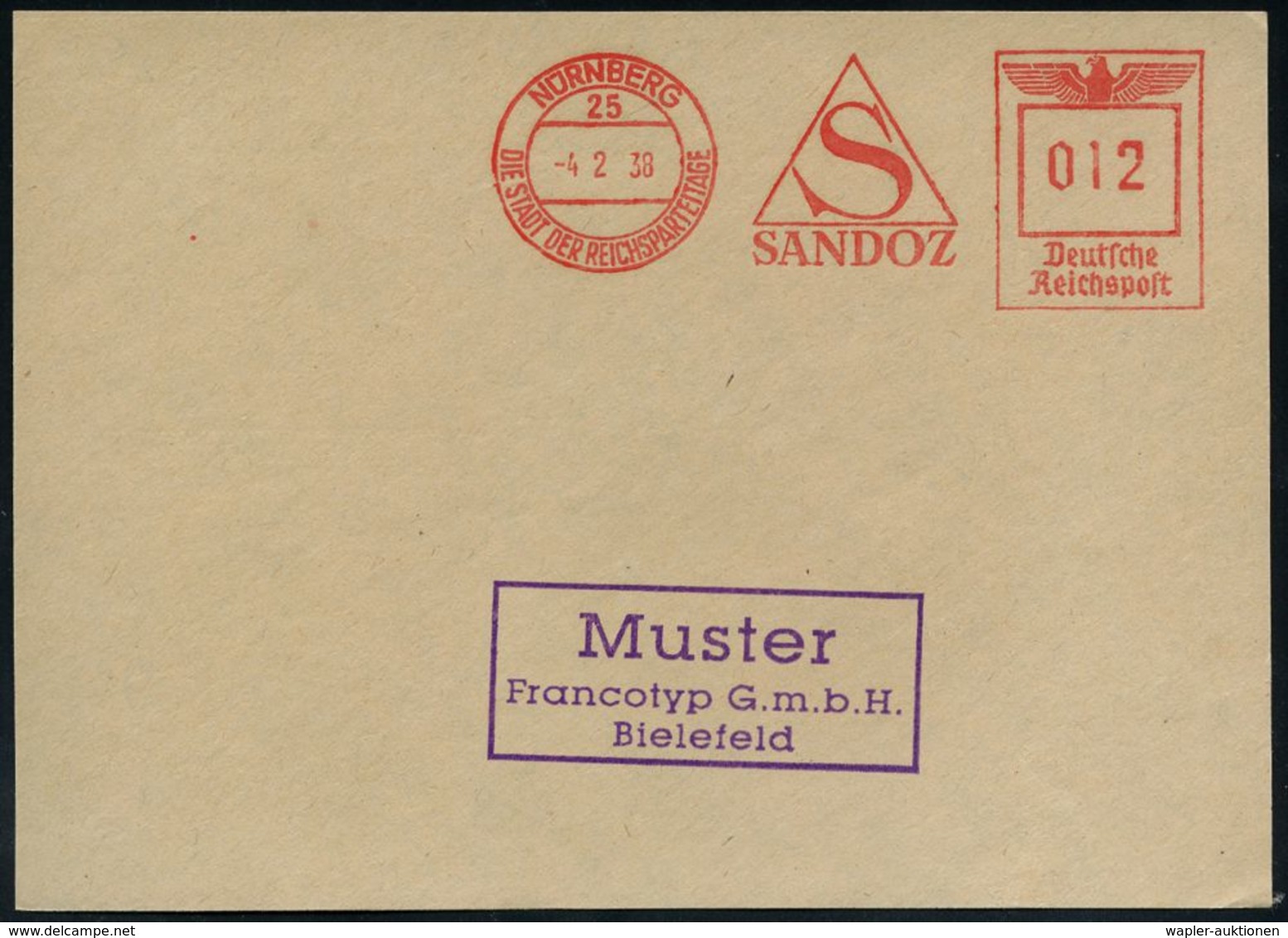 CHEMIE / PRODUKTE / CHEMISCHE INDUSTRIE : NÜRNBERG/ 25/ DSDR/ S/ SANDOZ 1938 (4.2.) AFS, Francoty-Archivmuster (Monogr.- - Chimie