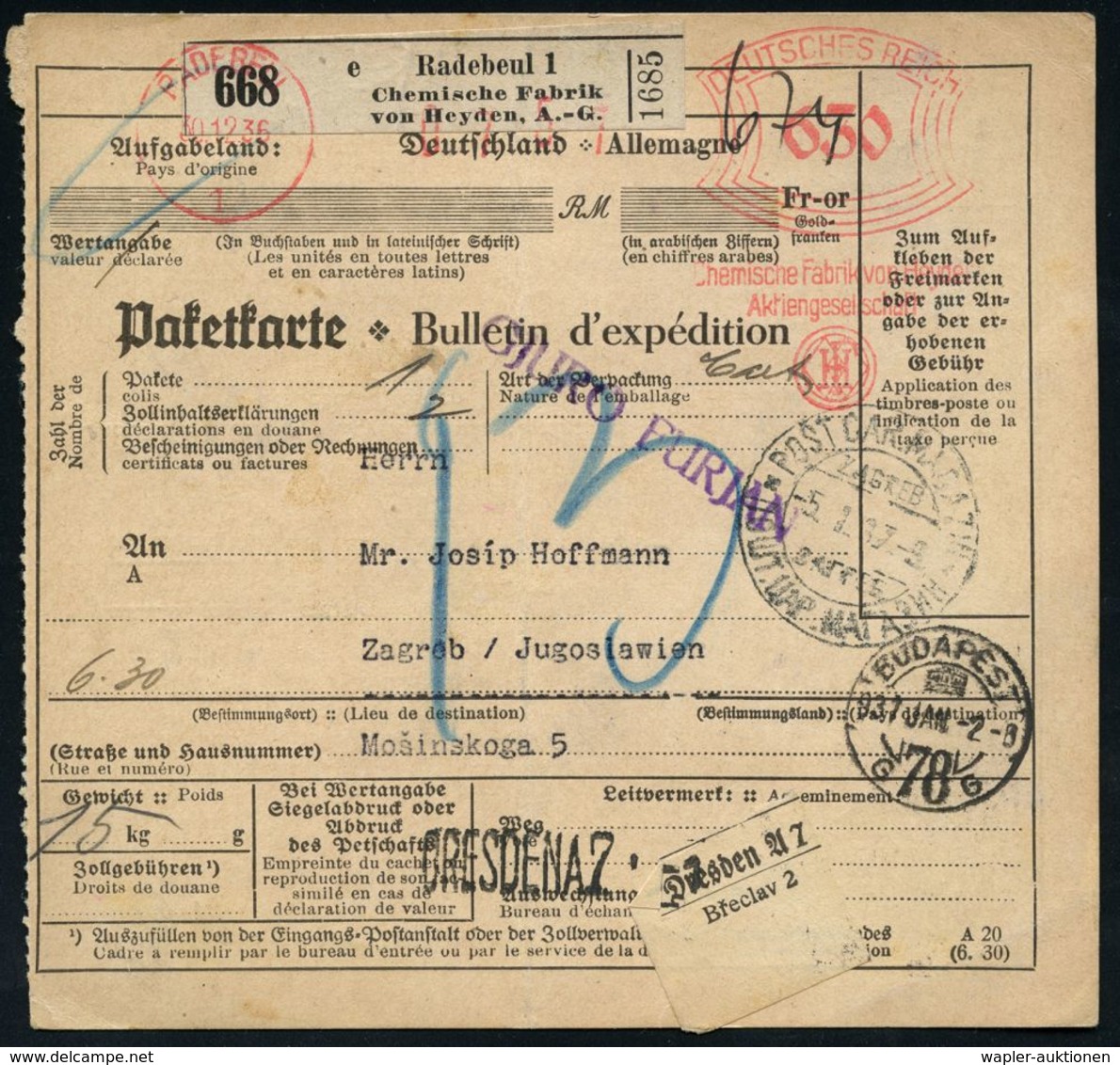 CHEMIE / PRODUKTE / CHEMISCHE INDUSTRIE : RADEBEUL/ 1/ Chem.Fabrik Von Heyden/ AG 1936 (30.12.) AFS 630 Pf. Auf Selbstbu - Chimie