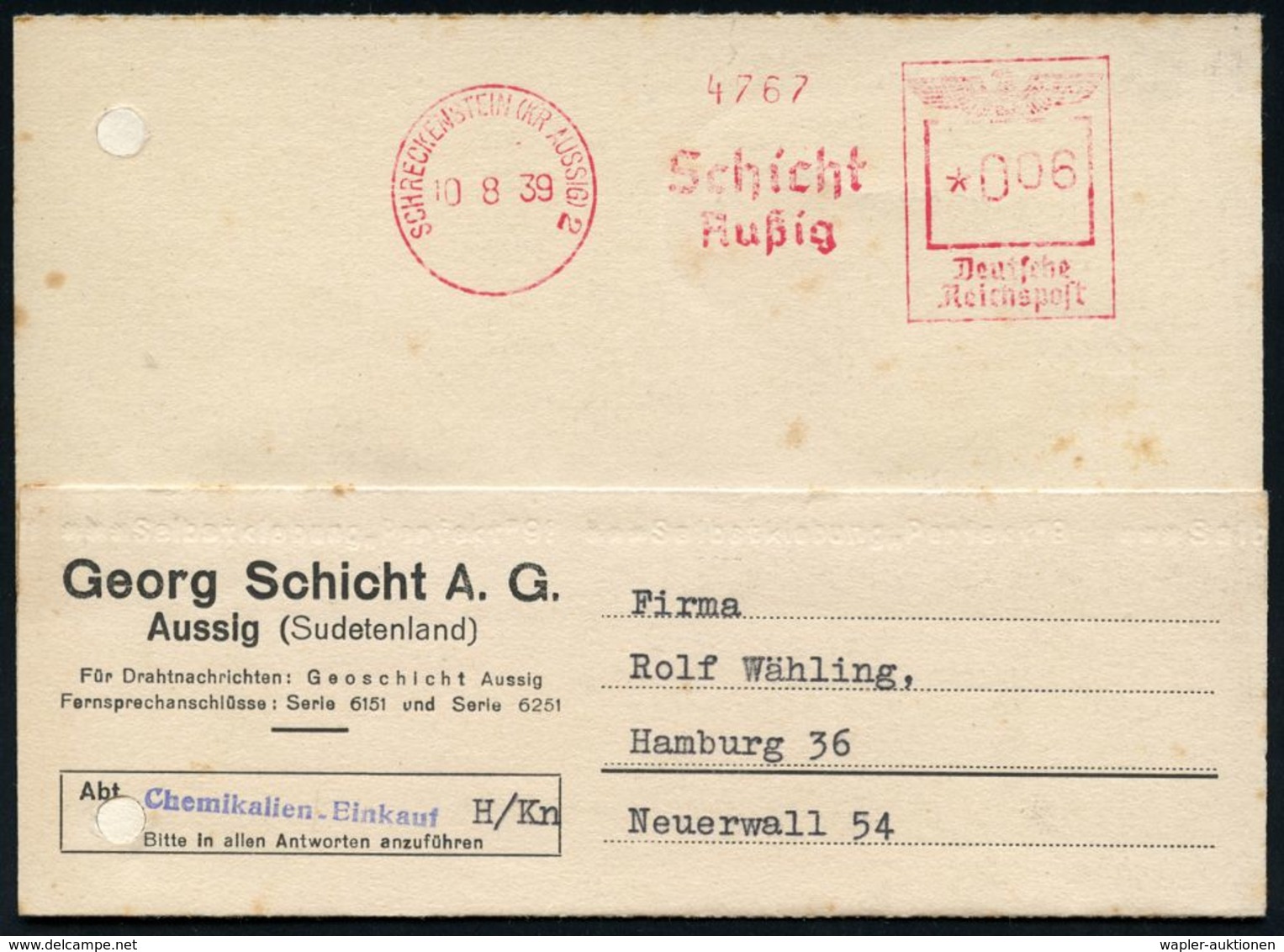 CHEMIE / PRODUKTE / CHEMISCHE INDUSTRIE : SCHRECKENSTEIN (KR AUSSIG)/ Schicht/ Außig 1939 (10.8.) Seltener AFS-Typ Franc - Chimie