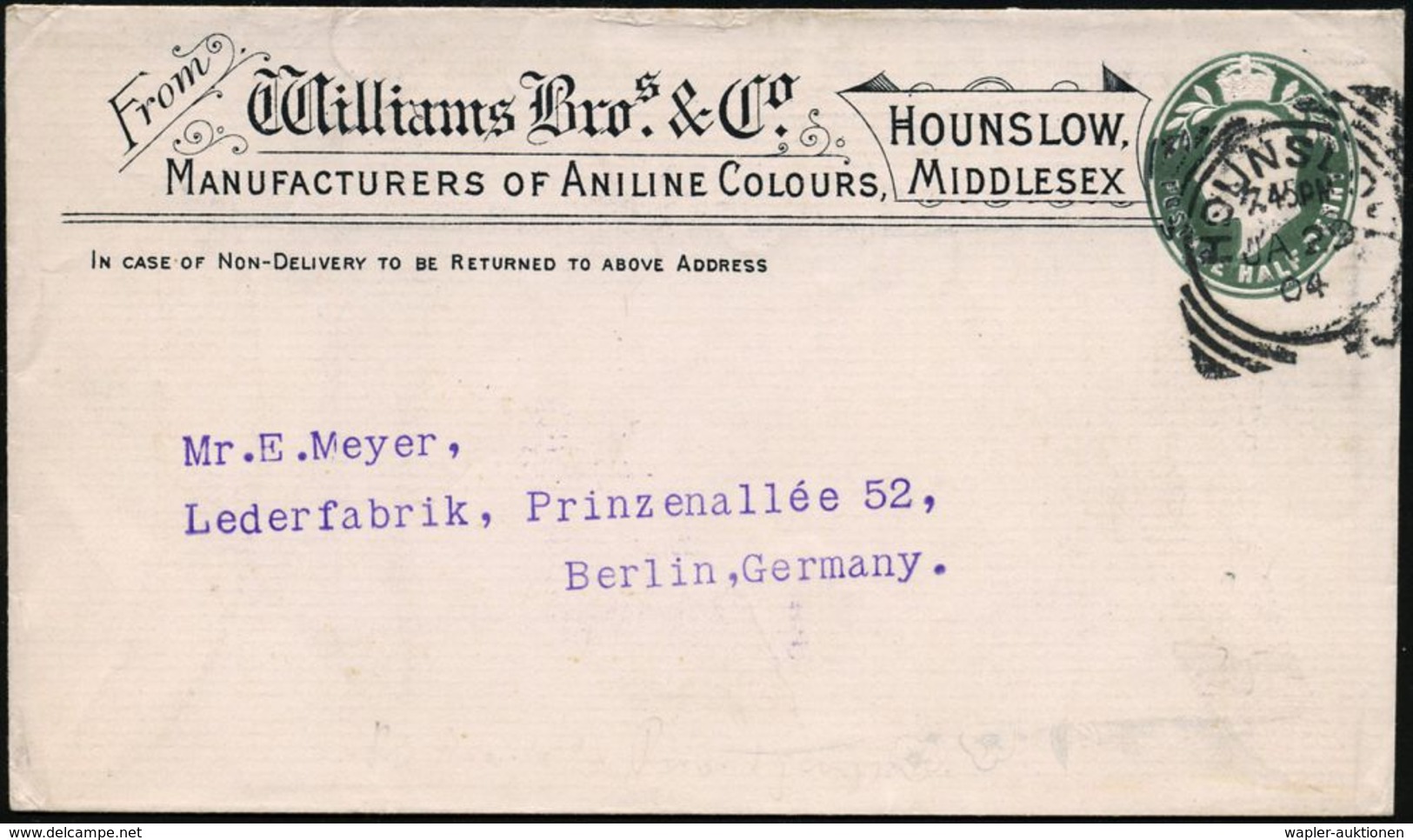 CHEMIE / PRODUKTE / CHEMISCHE INDUSTRIE : GROSSBRITANNIEN 1904 PU 1/2 D. Edward VII., Grün: William Bros. & Co, HOUSLOW, - Chimie