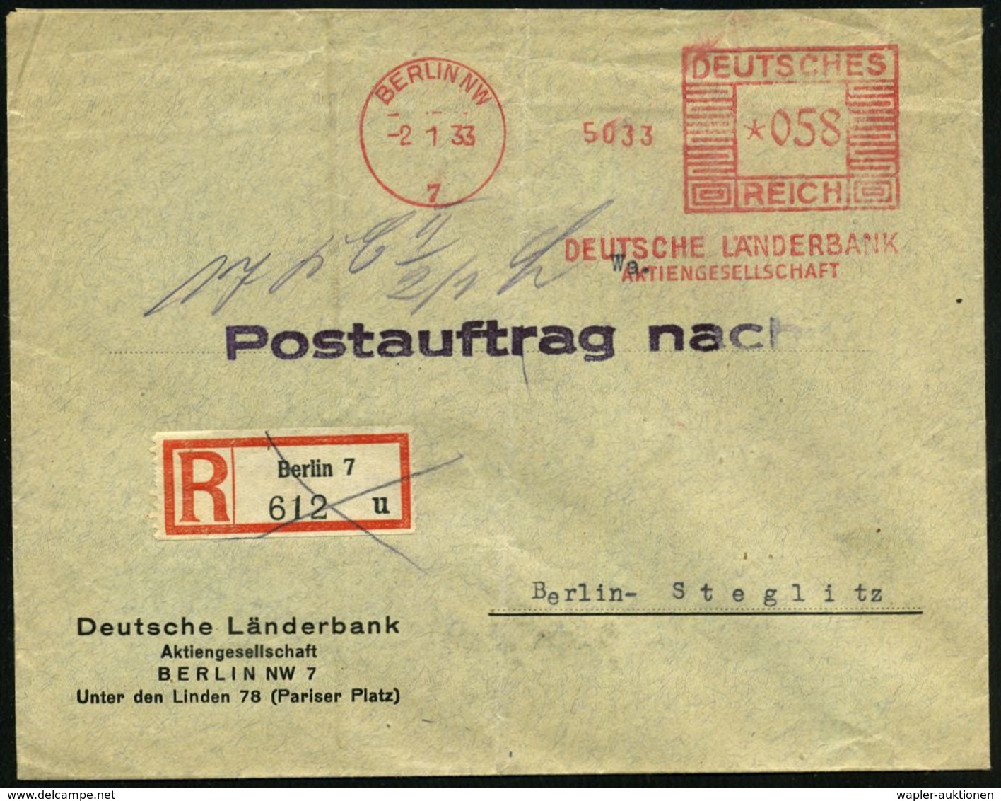 I.-G.-FARBEN INDUSTRIE, TOCHTERFIRMEN & NACHFOLGER : BERLIN NW/ 7/ DEUTSCHE LÄNDERBANK/ AG 1933 (2.1.) Seltener AFS 058  - Chimie