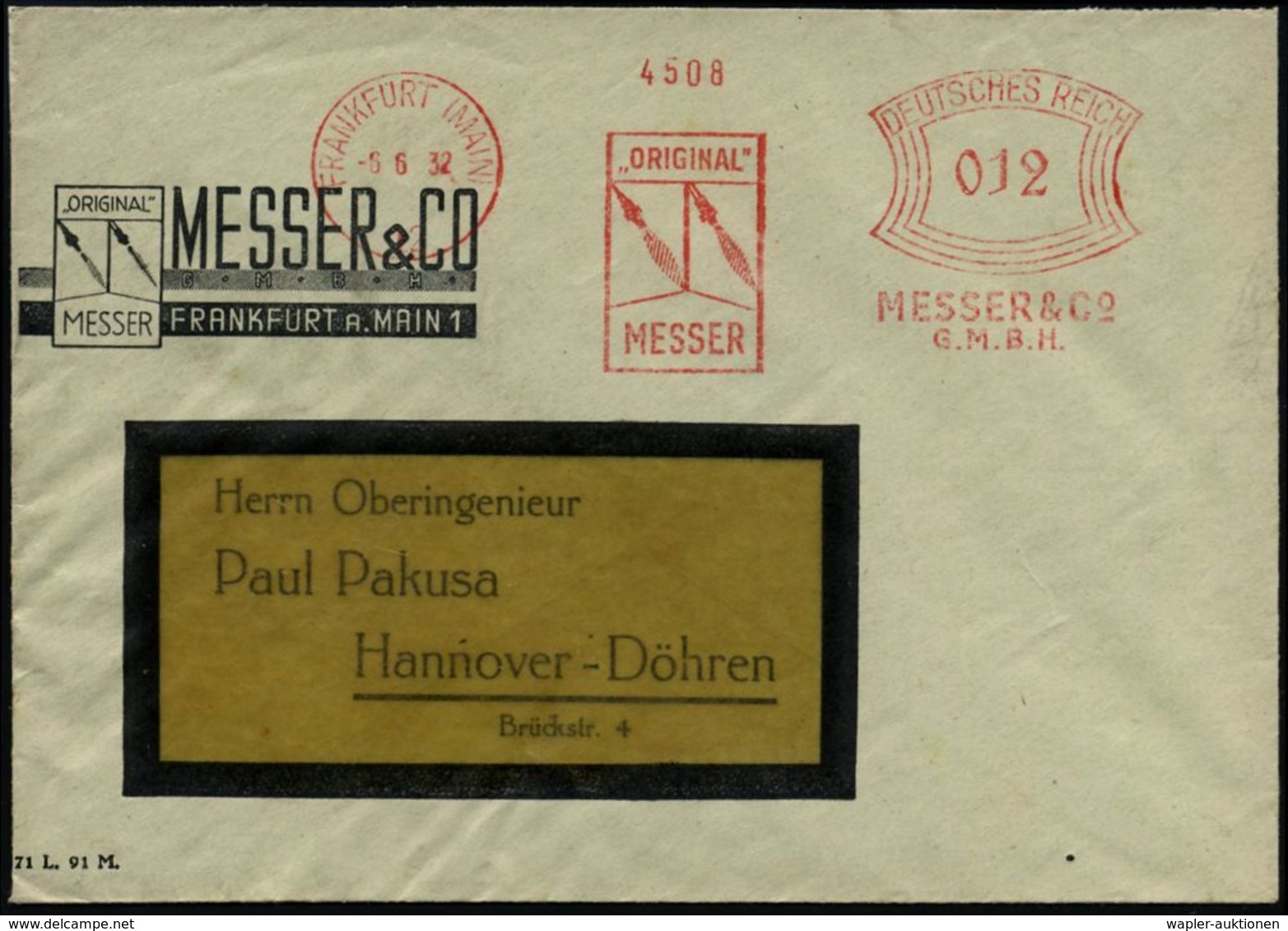 I.-G.-FARBEN INDUSTRIE, TOCHTERFIRMEN & NACHFOLGER : FRANKFURT (MAIN)/ 12/ "ORIGINAL"/ MESSER & Co.. 1932 Dekorat.AFS (S - Chemie