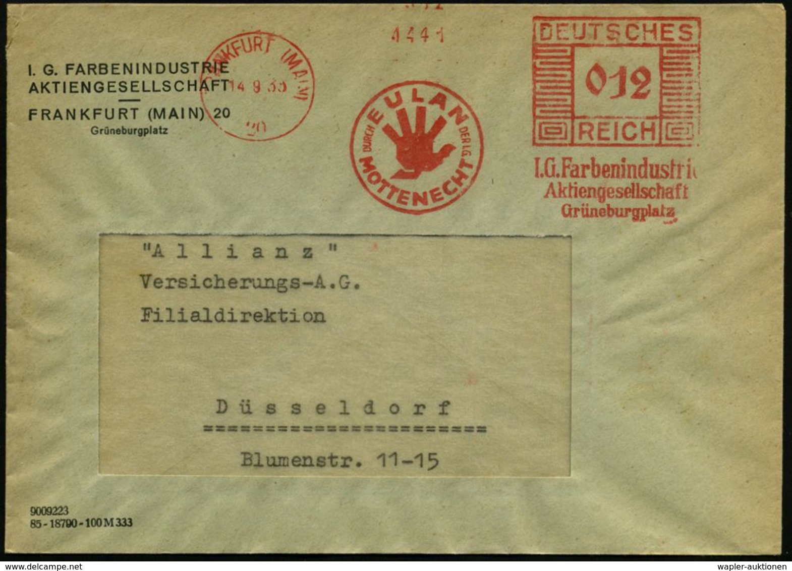 I.-G.-FARBEN INDUSTRIE, TOCHTERFIRMEN & NACHFOLGER : FRANKFURT (MAIN)/ 20/ DURCH EULAN/ MOTTENECHT../ I.G.Farben.. 1933  - Chimie