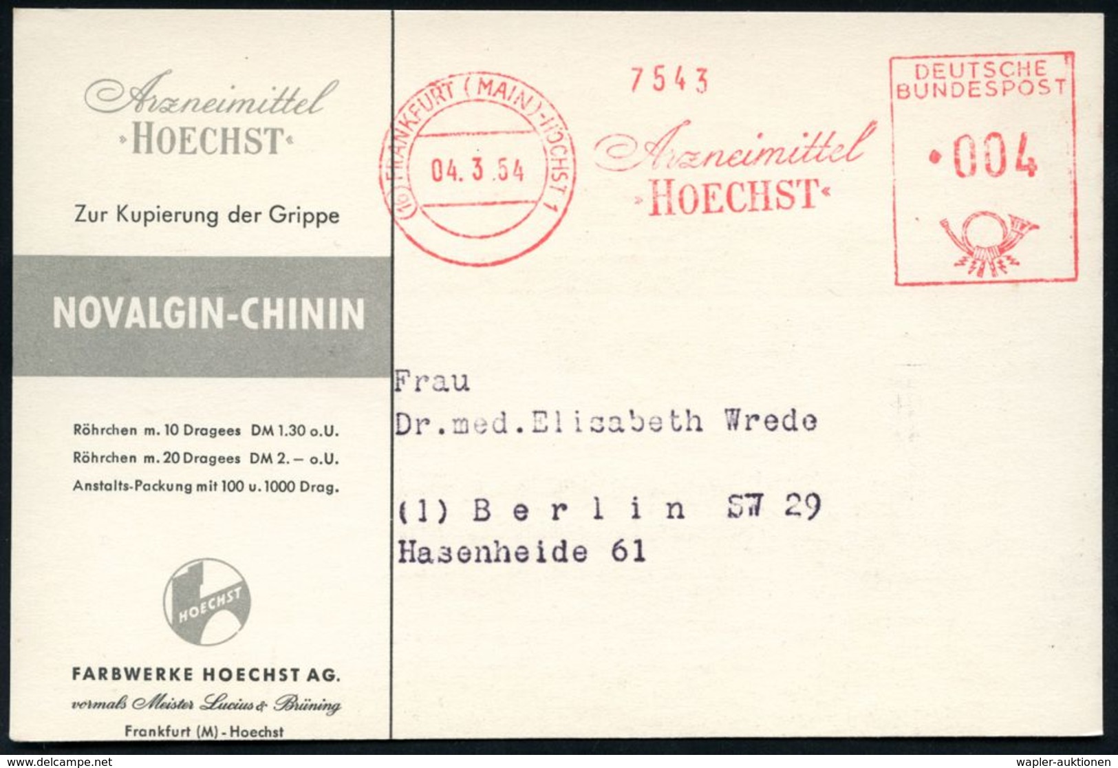 I.-G.-FARBEN INDUSTRIE, TOCHTERFIRMEN & NACHFOLGER : (16) FRANKFURT (MAIN)-HÖCHST 1/ Arzneimittel/ HOECHST 1954 (4.3.) A - Chimica