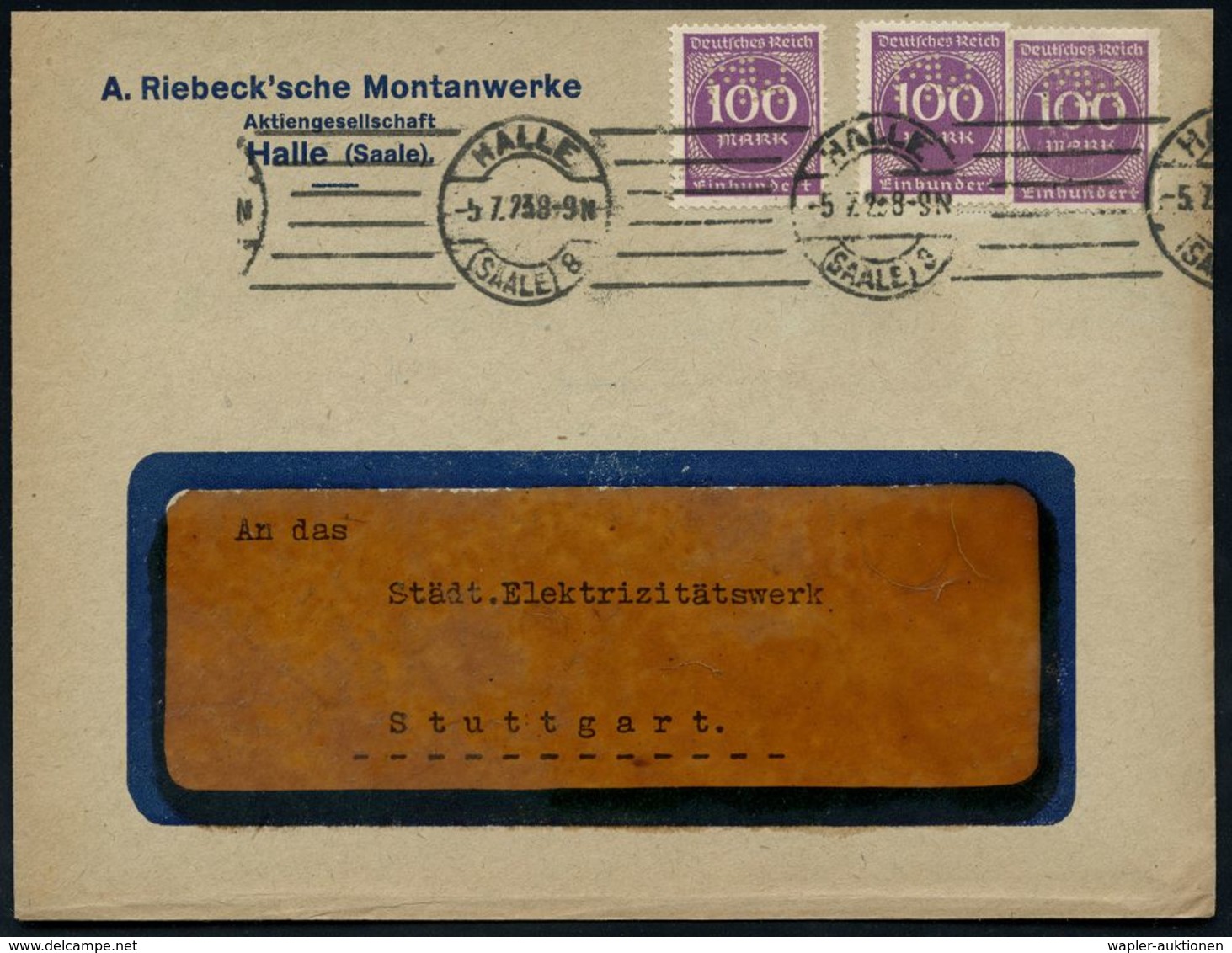 I.-G.-FARBEN INDUSTRIE, TOCHTERFIRMEN & NACHFOLGER : HALLE/ (SAALE)8 1923 (5.7.) BdMaSt Auf 3x 100 Mk. Mit Firmenlochung - Chemistry