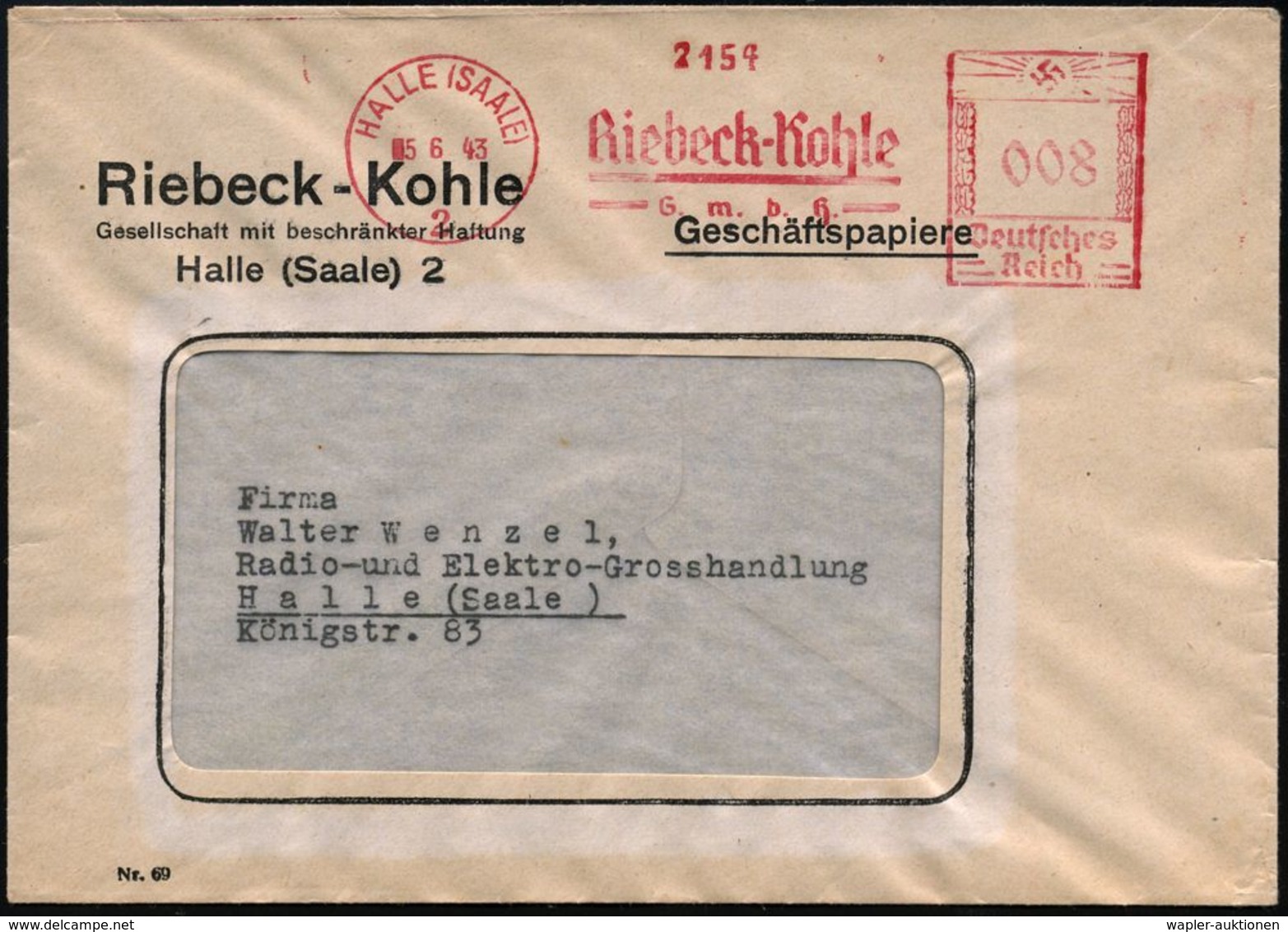 I.-G.-FARBEN INDUSTRIE, TOCHTERFIRMEN & NACHFOLGER : HALLE (SAALE)/ 2/ Riebeck-Kohle/ GmbH 1943 (5.6.) Seltener AFS-Typ  - Chemie