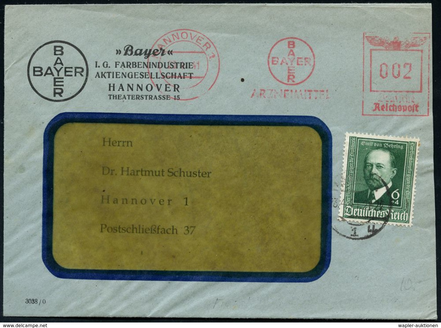 I.-G.-FARBEN INDUSTRIE, TOCHTERFIRMEN & NACHFOLGER : HANNOVER 1/ BAYER/ ARZNEUMITTEL 1941 (23.4.) AFS 002 Pf. (Firmen-Lo - Chimie