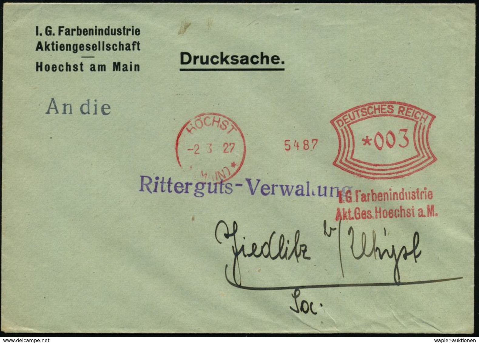 I.-G.-FARBEN INDUSTRIE, TOCHTERFIRMEN & NACHFOLGER : HÖCHST/ *(MAIN)*/ I.G. Farbenindustrie/ Akt.Ges... 1927 (2.3.) Selt - Chimie